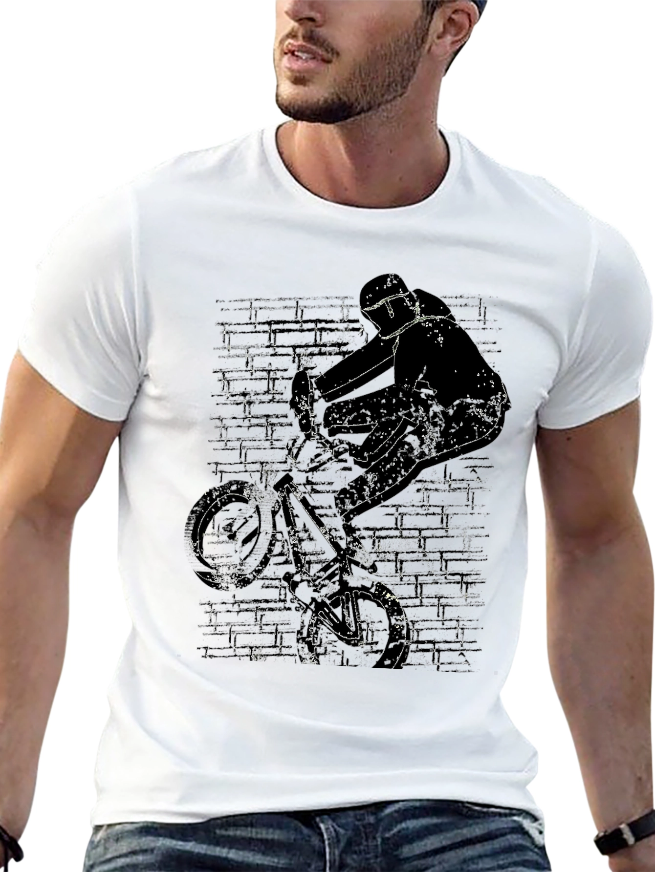 BMX Rider Graphic Tee - Grunge Brick Wall Design