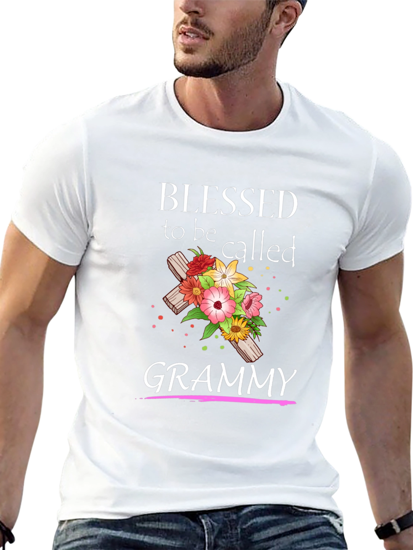 Blessed Grammy T-Shirt with Floral Cross Graphic
