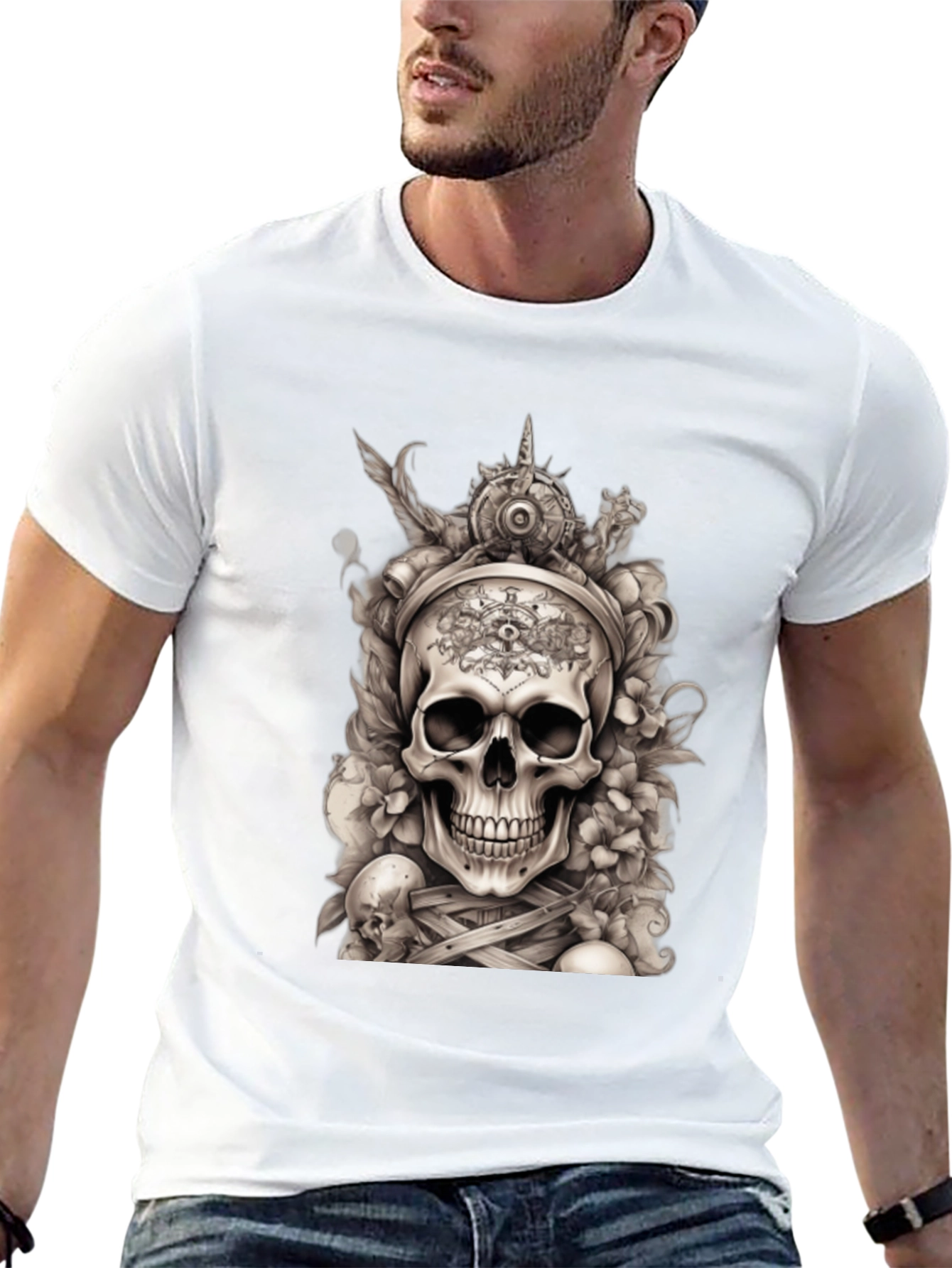 Skull & Floral Graphic Tee - Black