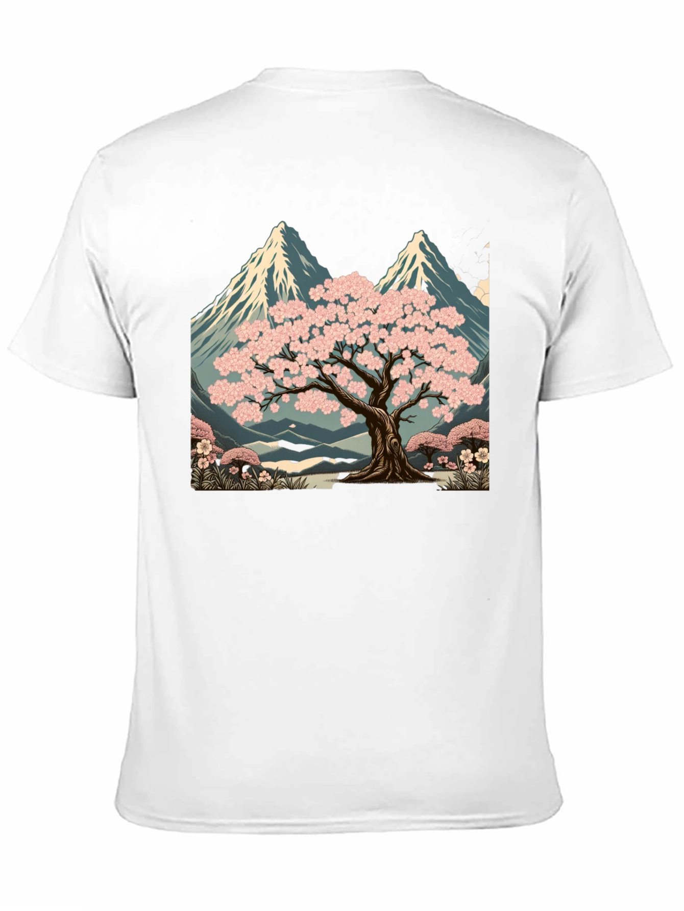 Sakura Tree & Mountain Graphic Black T-Shirt