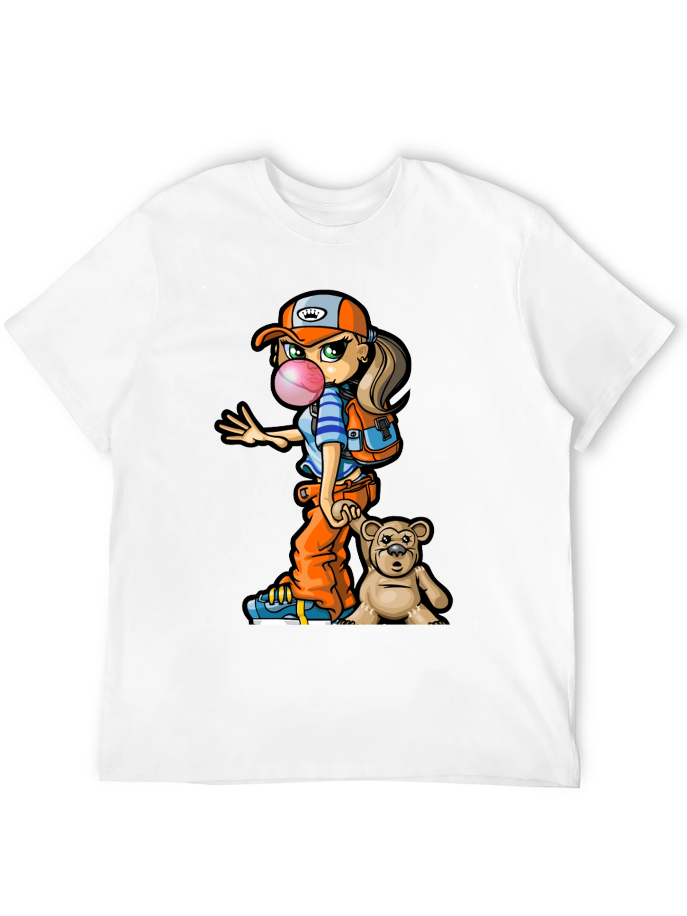 Cartoon Girl with Teddy Bear Graphic T-Shirt