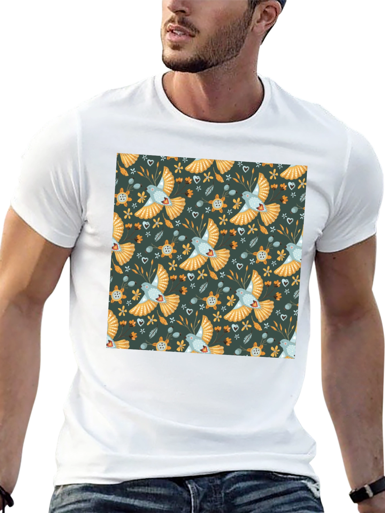 Patterned Bird Graphic Tee - Black Crew Neck