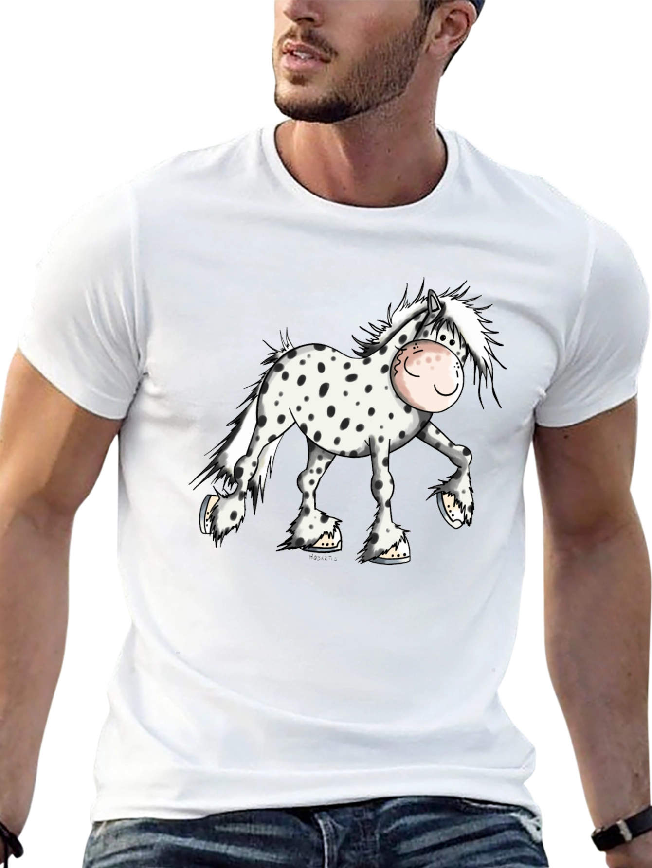 Cartoon Horse Graphic Tee - Black Cotton T-Shirt