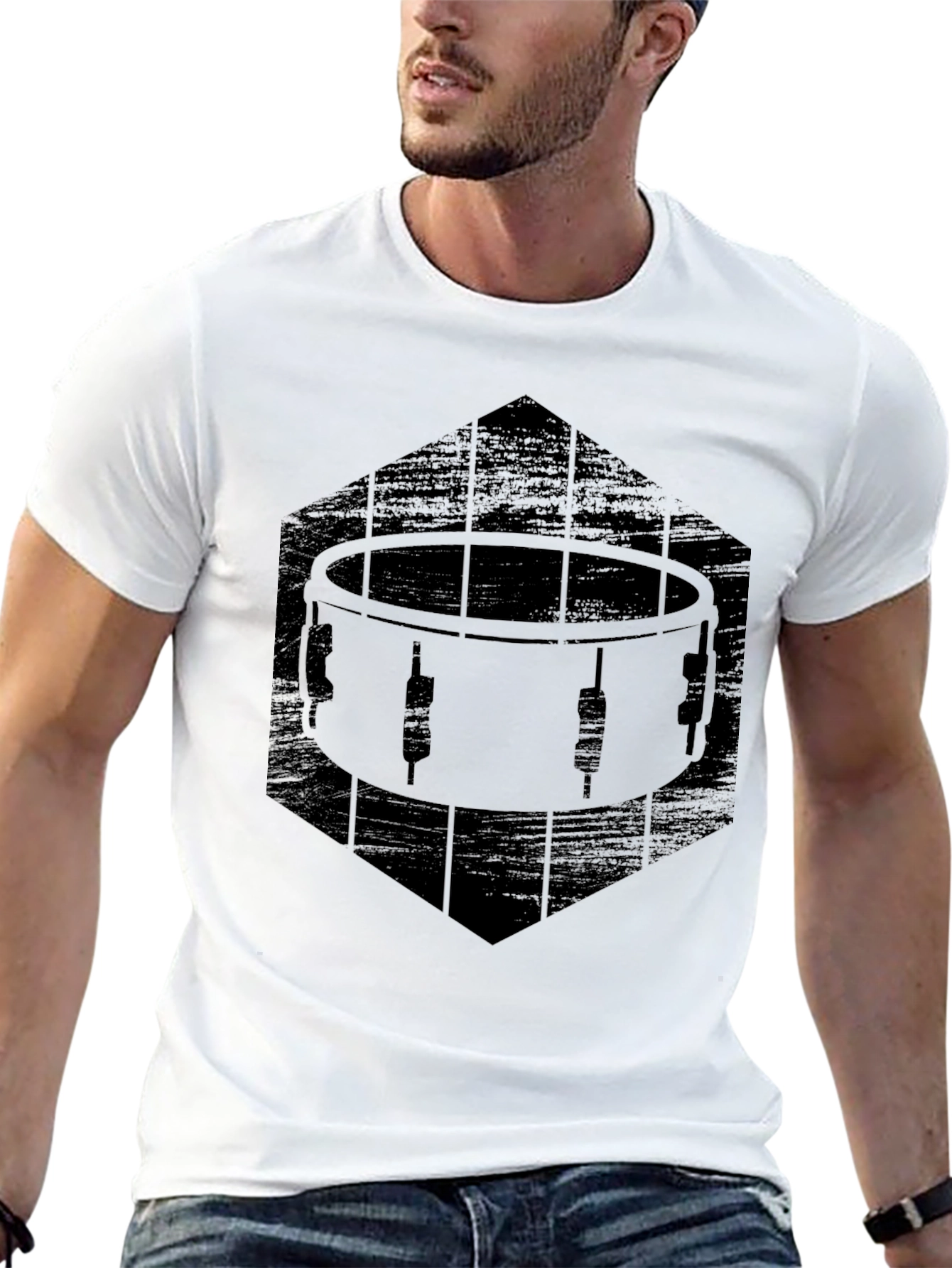 Drum Graphic T-Shirt - Black Crew Neck Tee