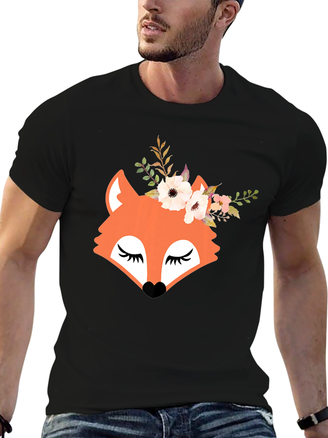 Floral Fox Graphic Tee - Unisex Black T-Shirt