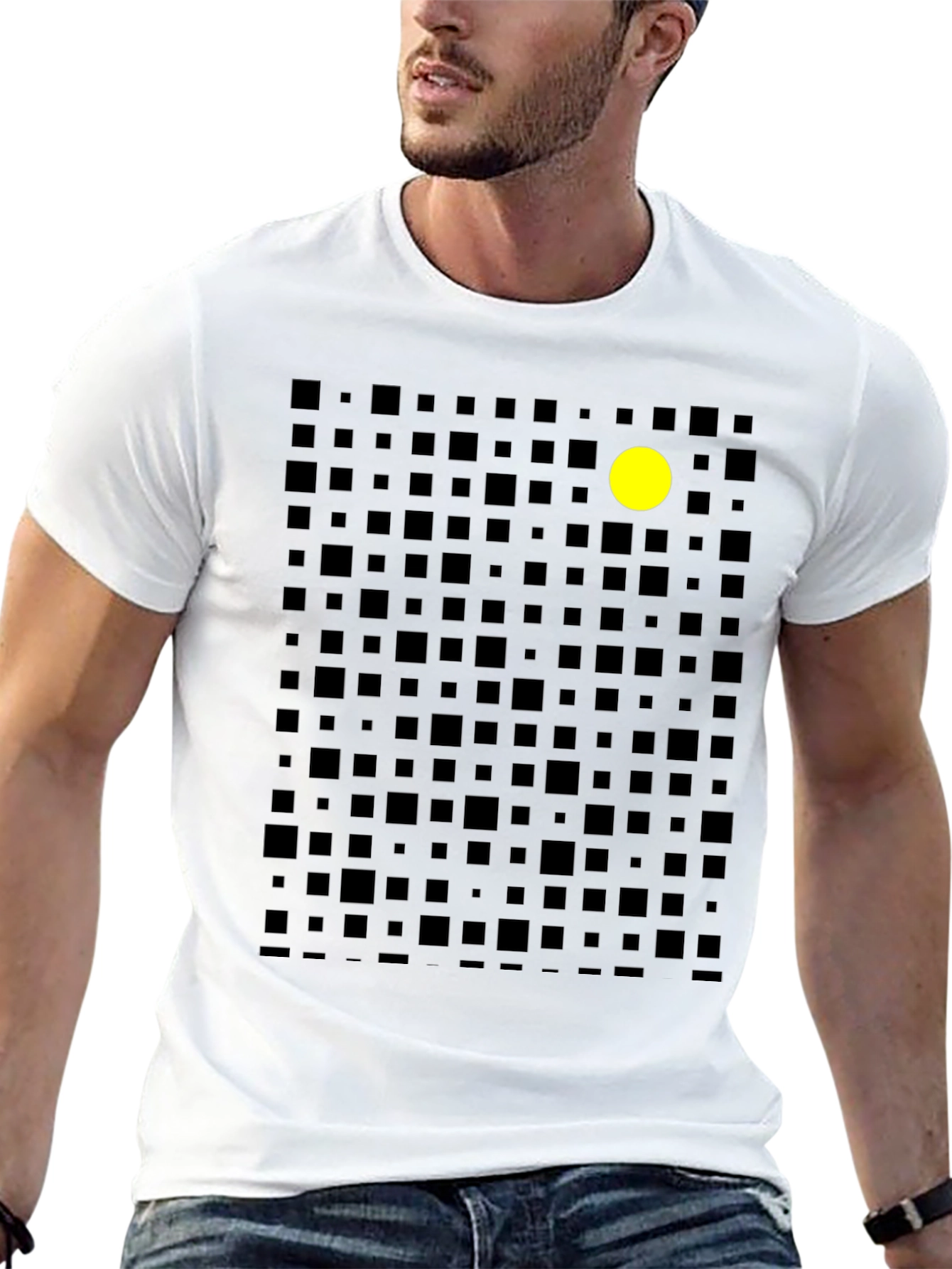 Geometric Black T-Shirt with Yellow Dot Accent