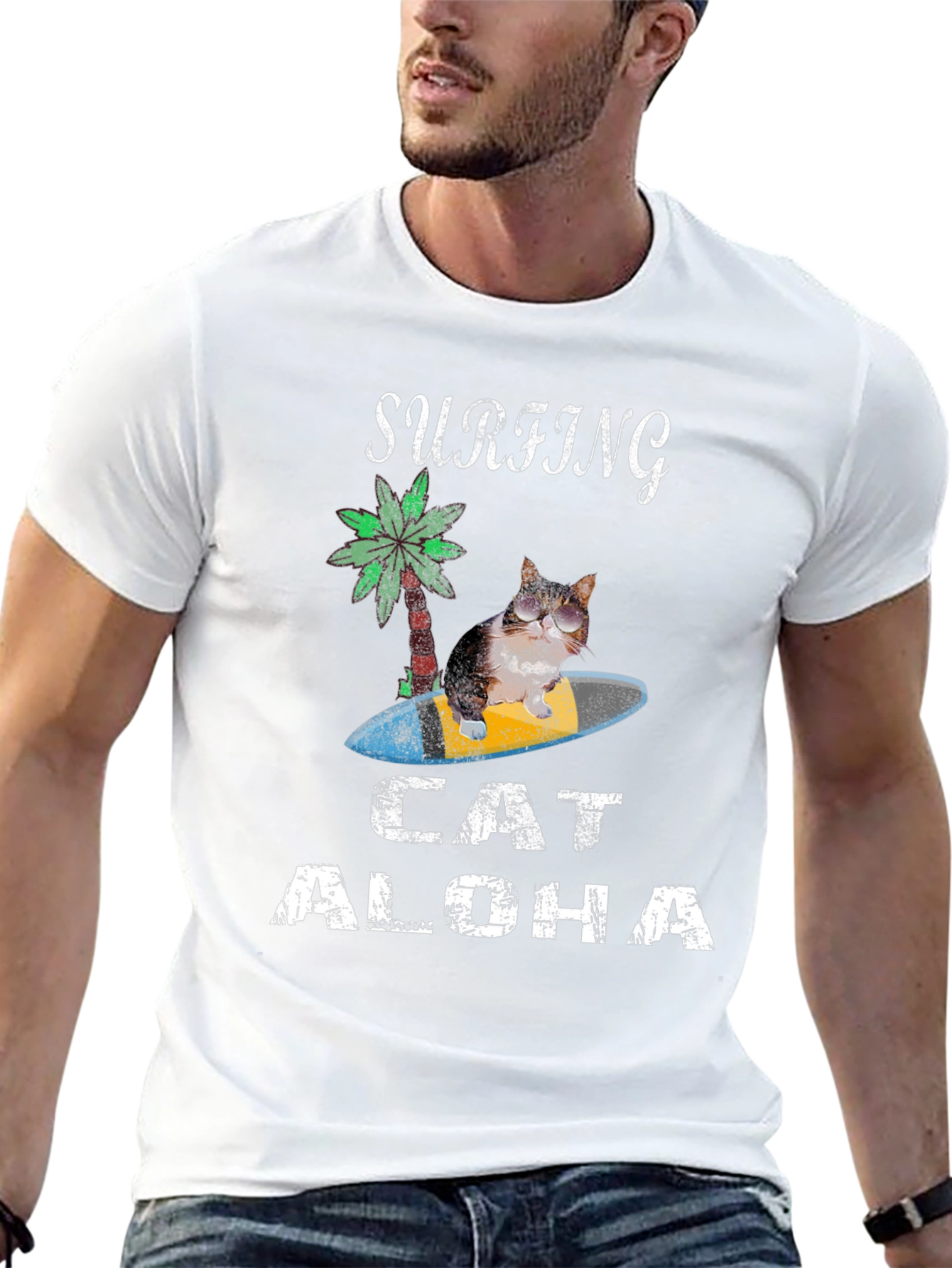 Surfing Cat Aloha T-Shirt - Black Tee
