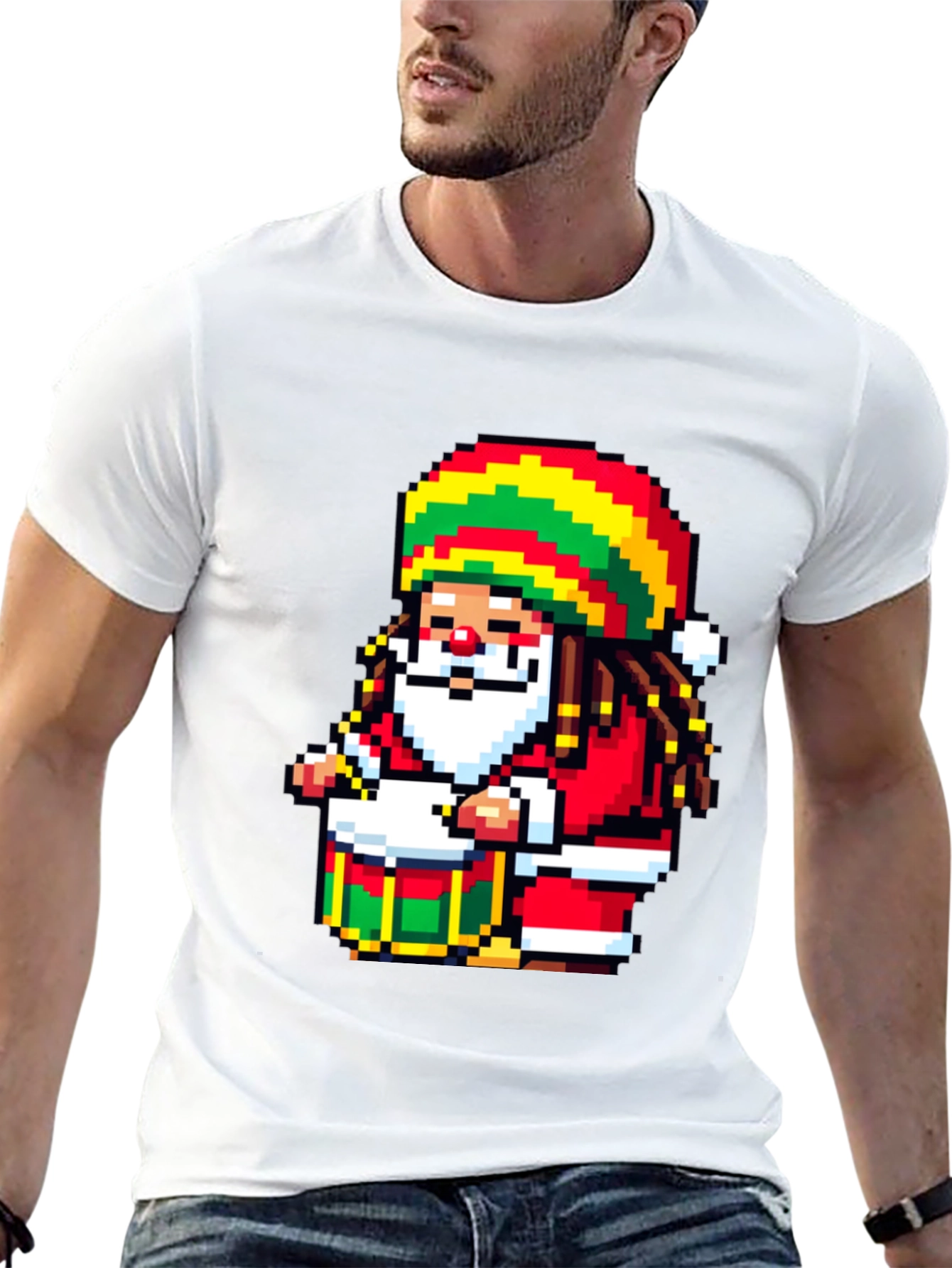 Rasta Santa Pixel Art T-Shirt - Holiday Reggae Vibes