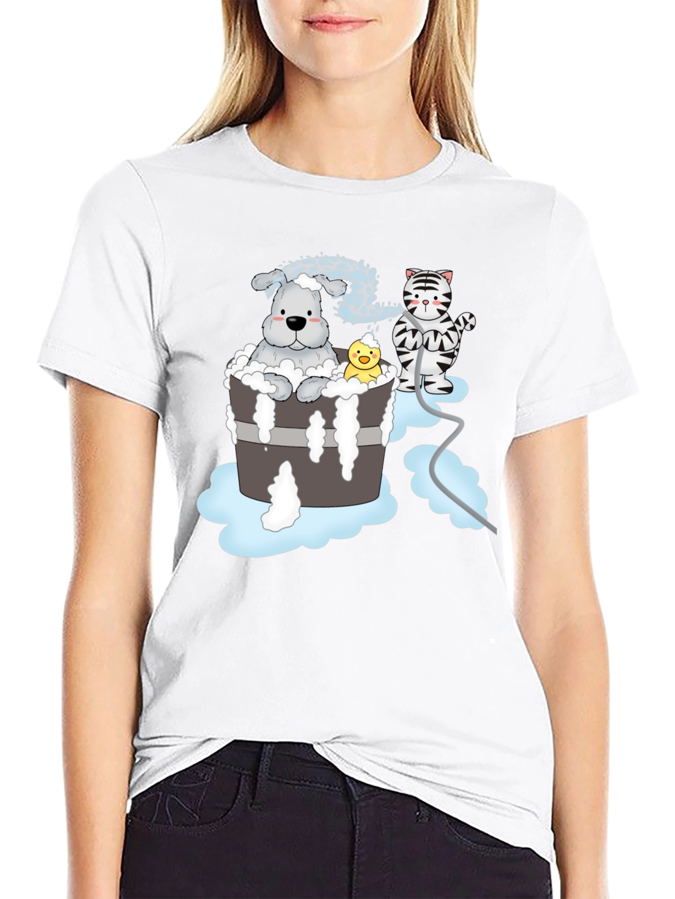 Cartoon Dog Bath T-Shirt - Unisex Black Tee