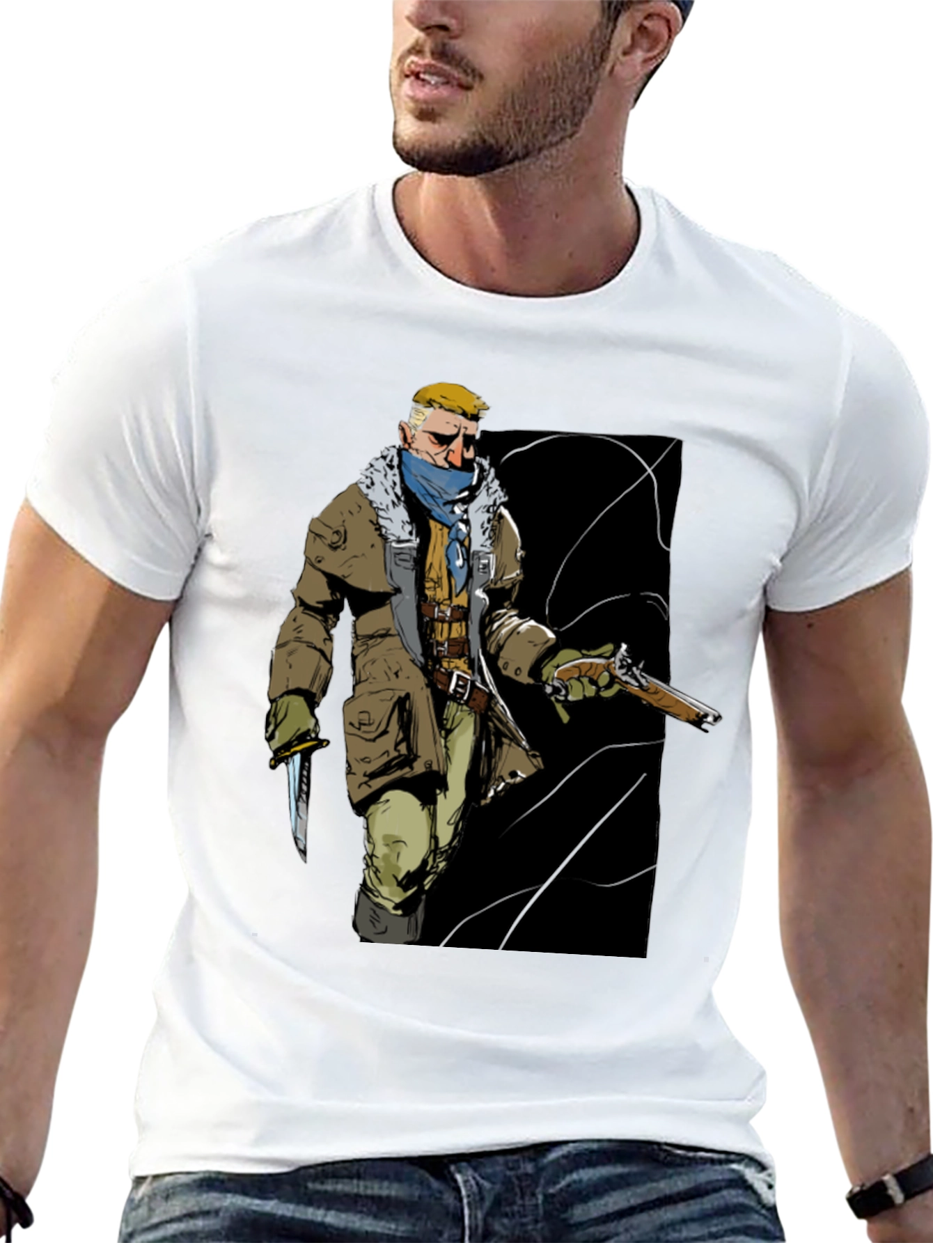 Graphic Tee: Adventurer with Gun & Knife Black T-Shirt