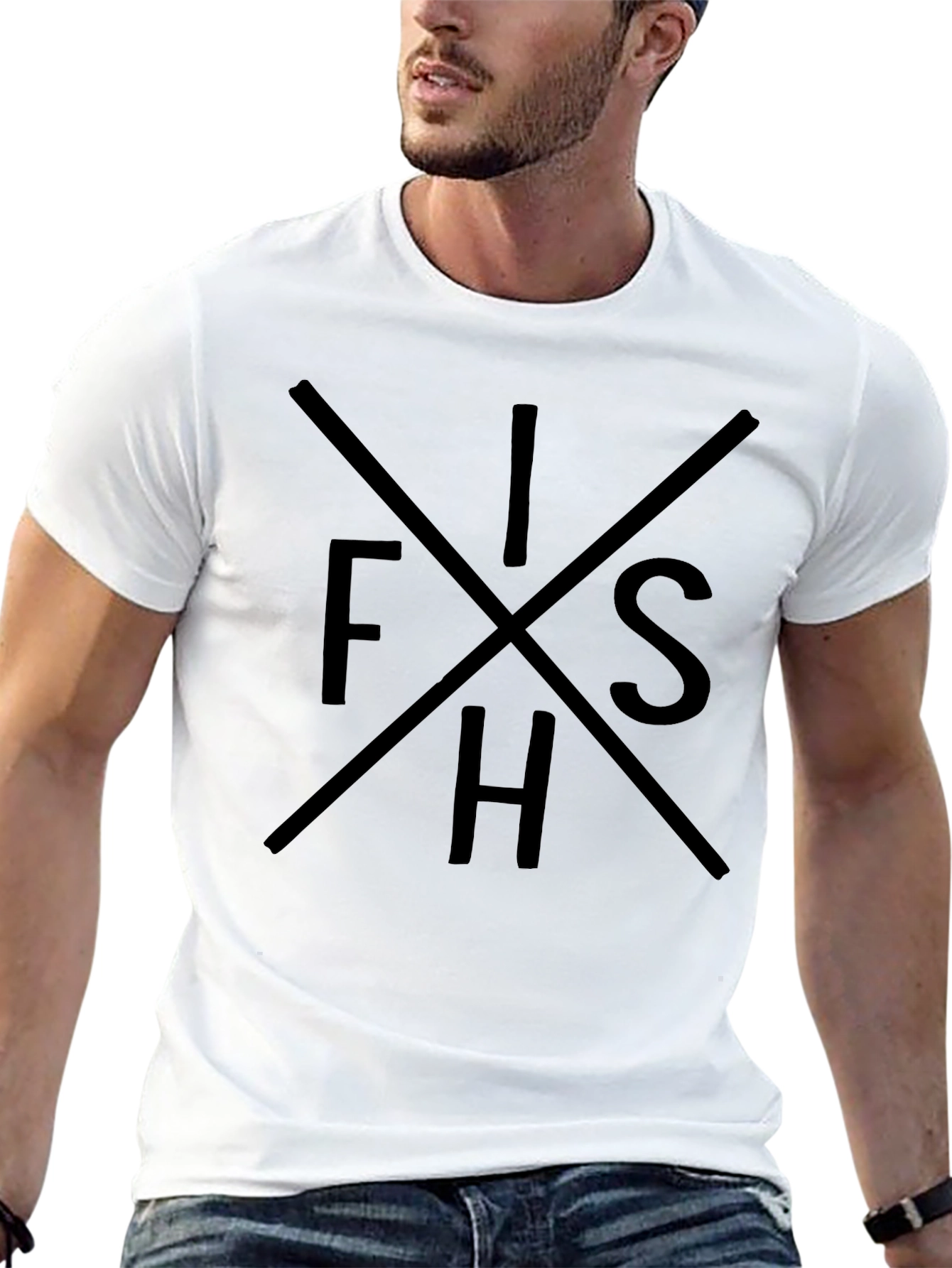 FISH Graphic Tee - Black Crew Neck Cotton T-Shirt