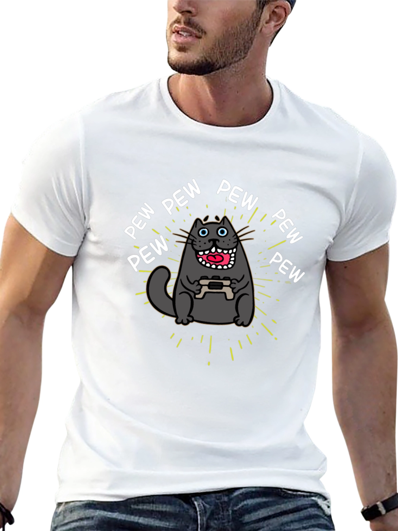 Gamer Cat Pew Pew Graphic Black T-Shirt