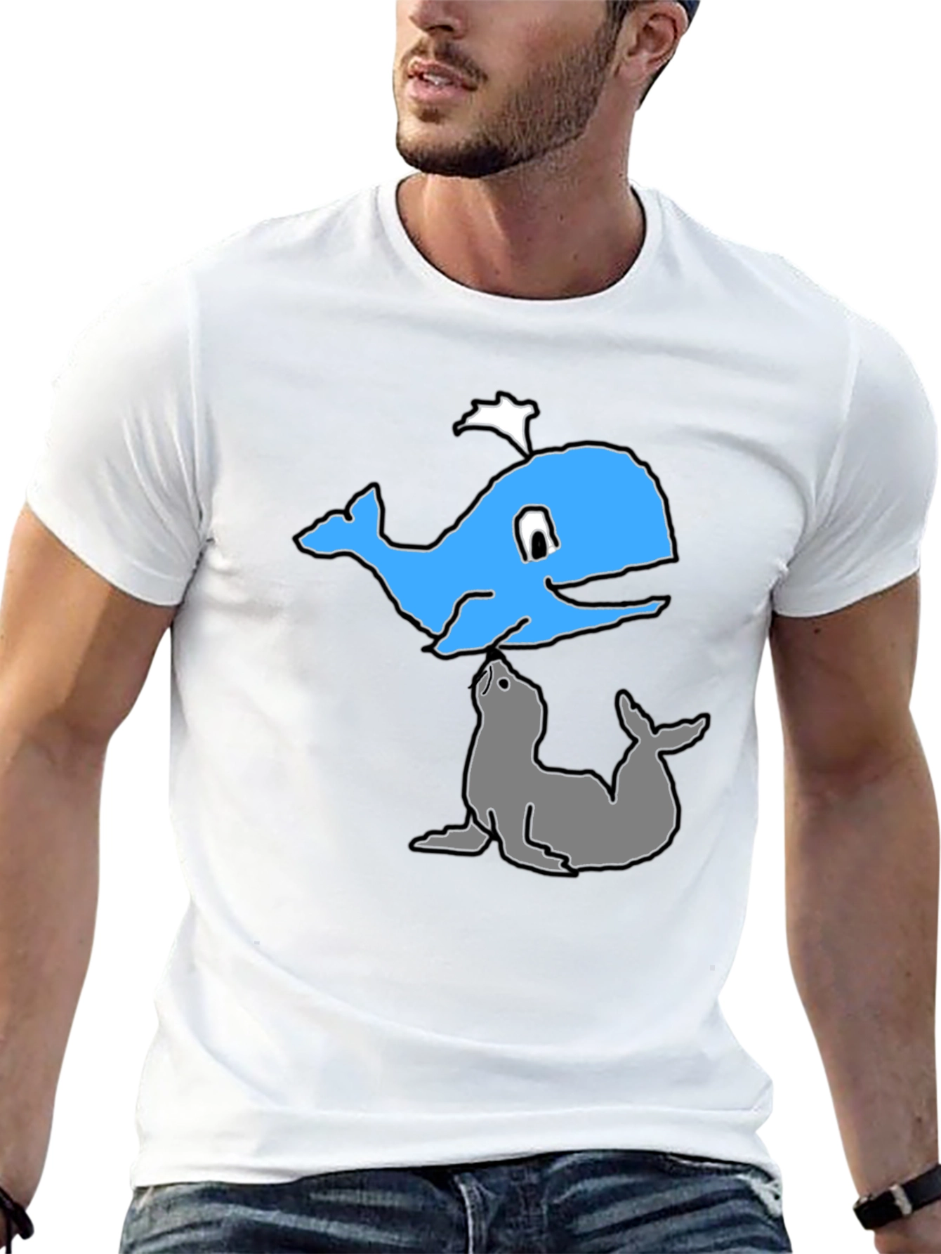 Cartoon Whale and Seal Black T-Shirt
