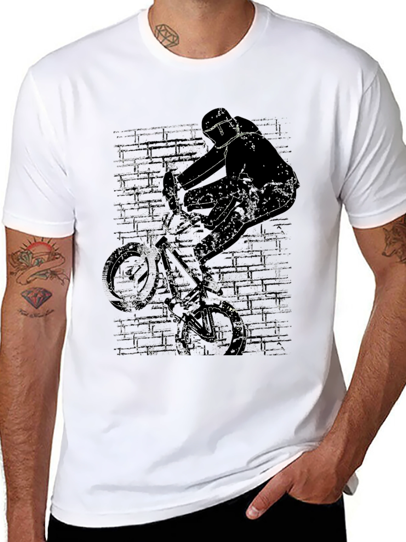BMX Rider Graphic Tee - Grunge Brick Wall Design