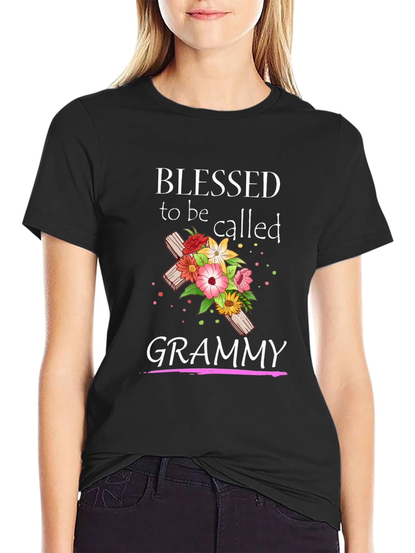 Blessed Grammy T-Shirt with Floral Cross Graphic