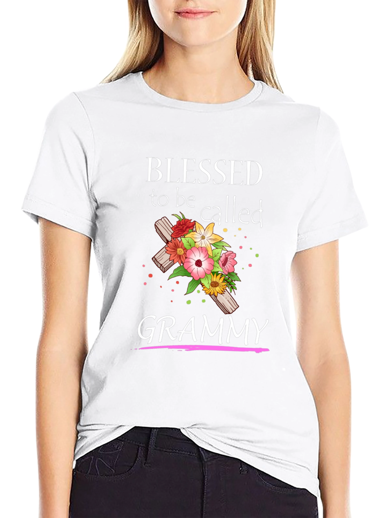 Blessed Grammy T-Shirt with Floral Cross Graphic