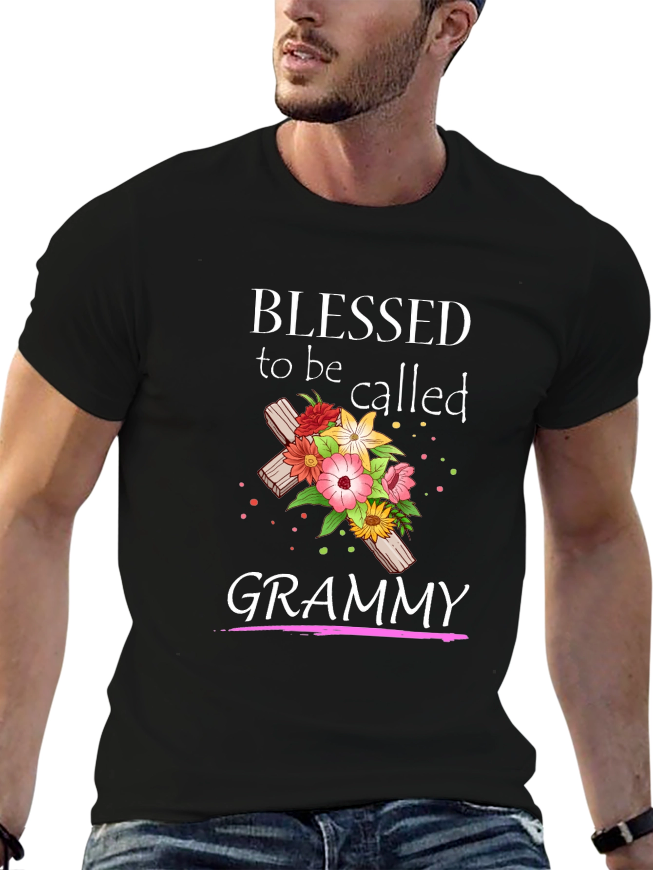 Blessed Grammy T-Shirt with Floral Cross Graphic
