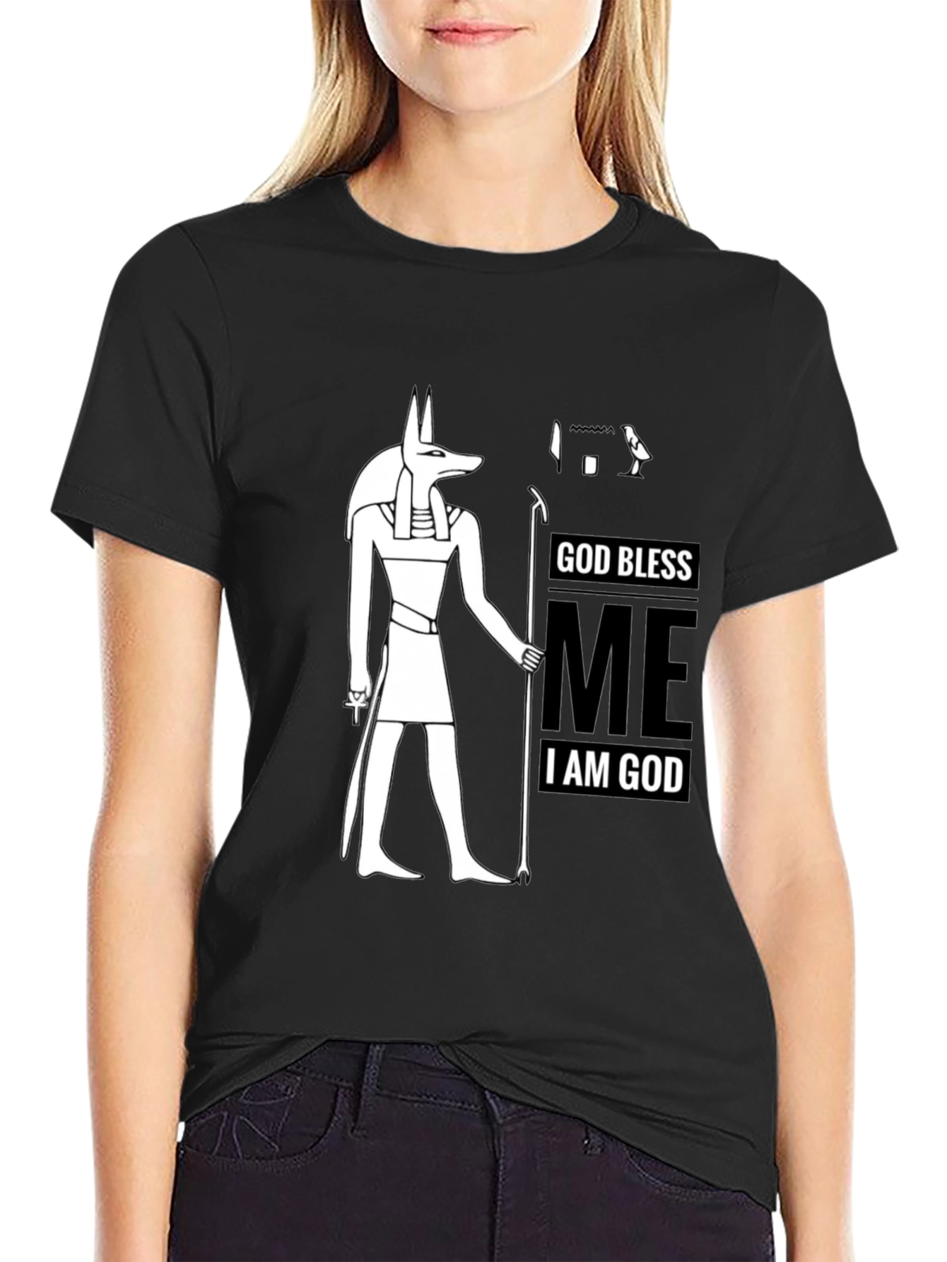 Anubis God Bless Me Graphic Black T-Shirt