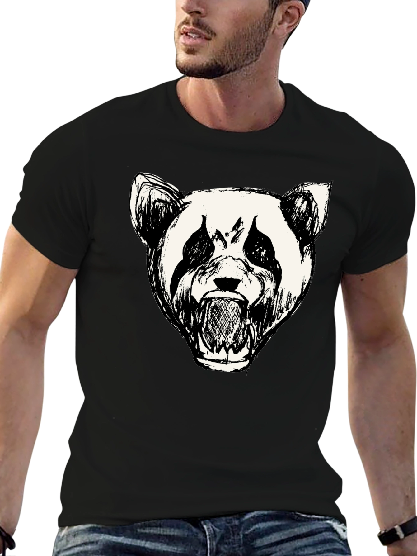 Mens Black Panda Graphic Print T-Shirt
