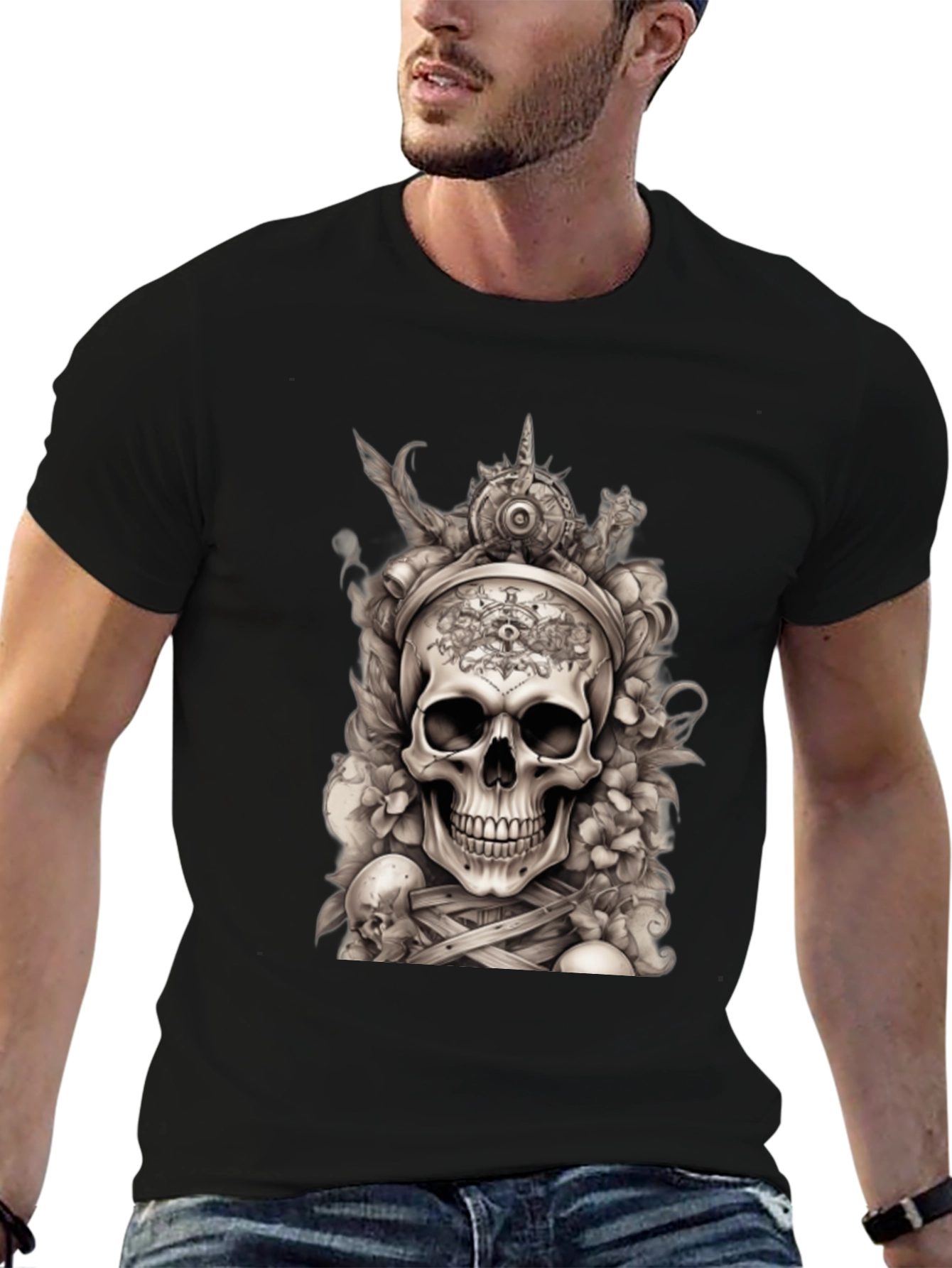 Skull & Floral Graphic Tee - Black