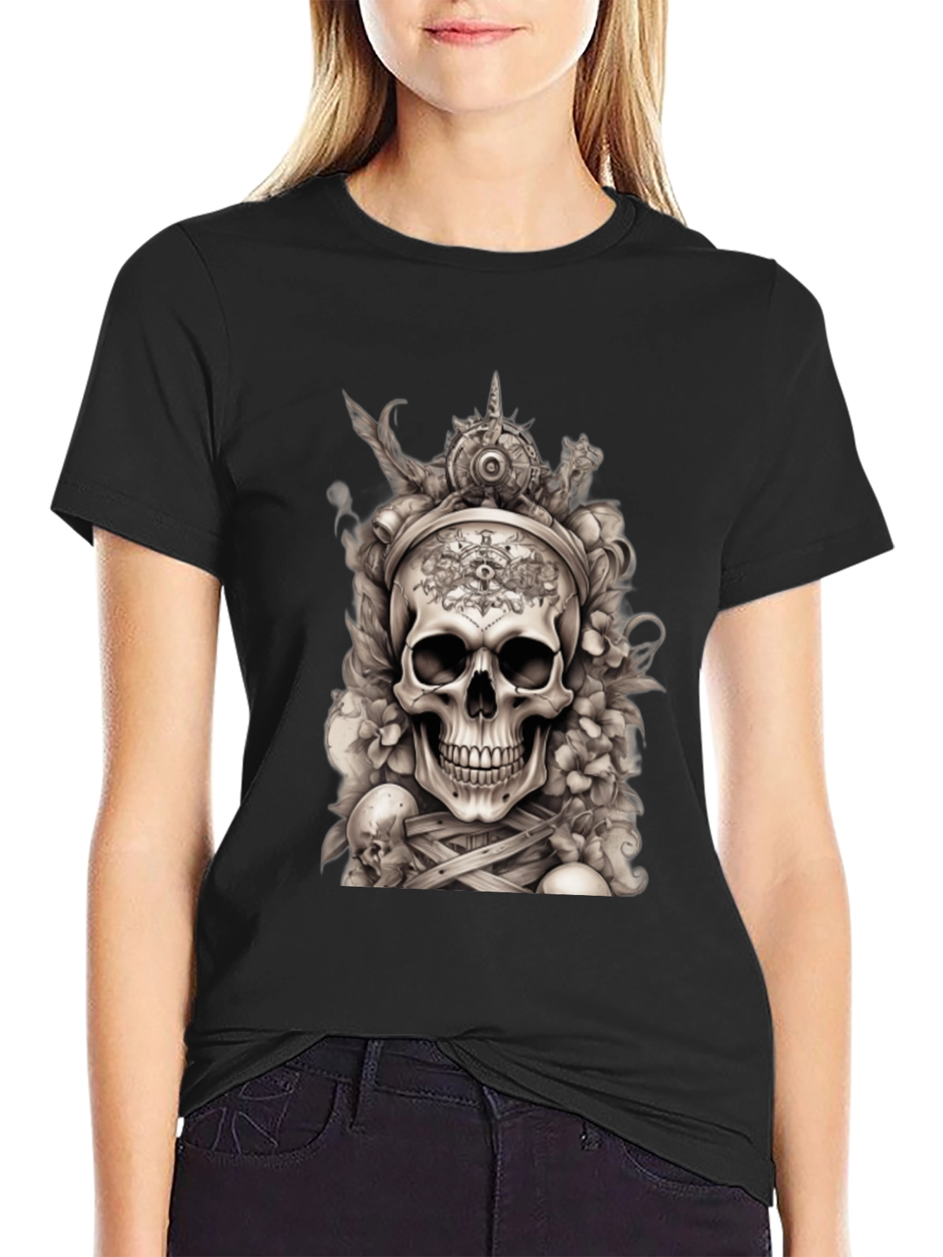 Skull & Floral Graphic Tee - Black