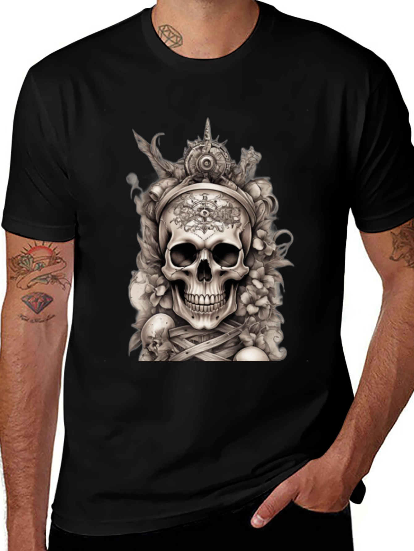 Skull & Floral Graphic Tee - Black