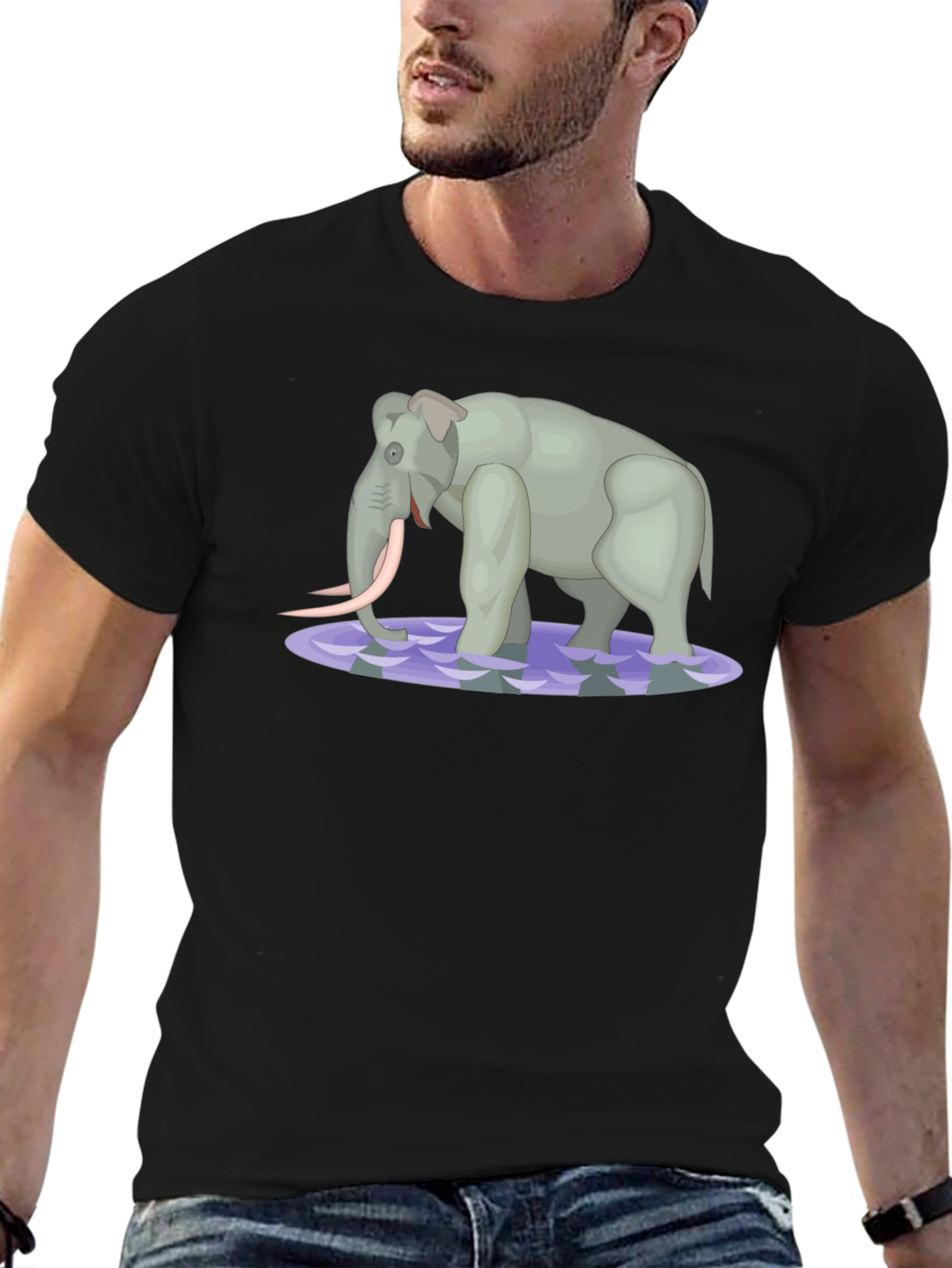 Cartoon Elephant Graphic Tee - Black Cotton Blend