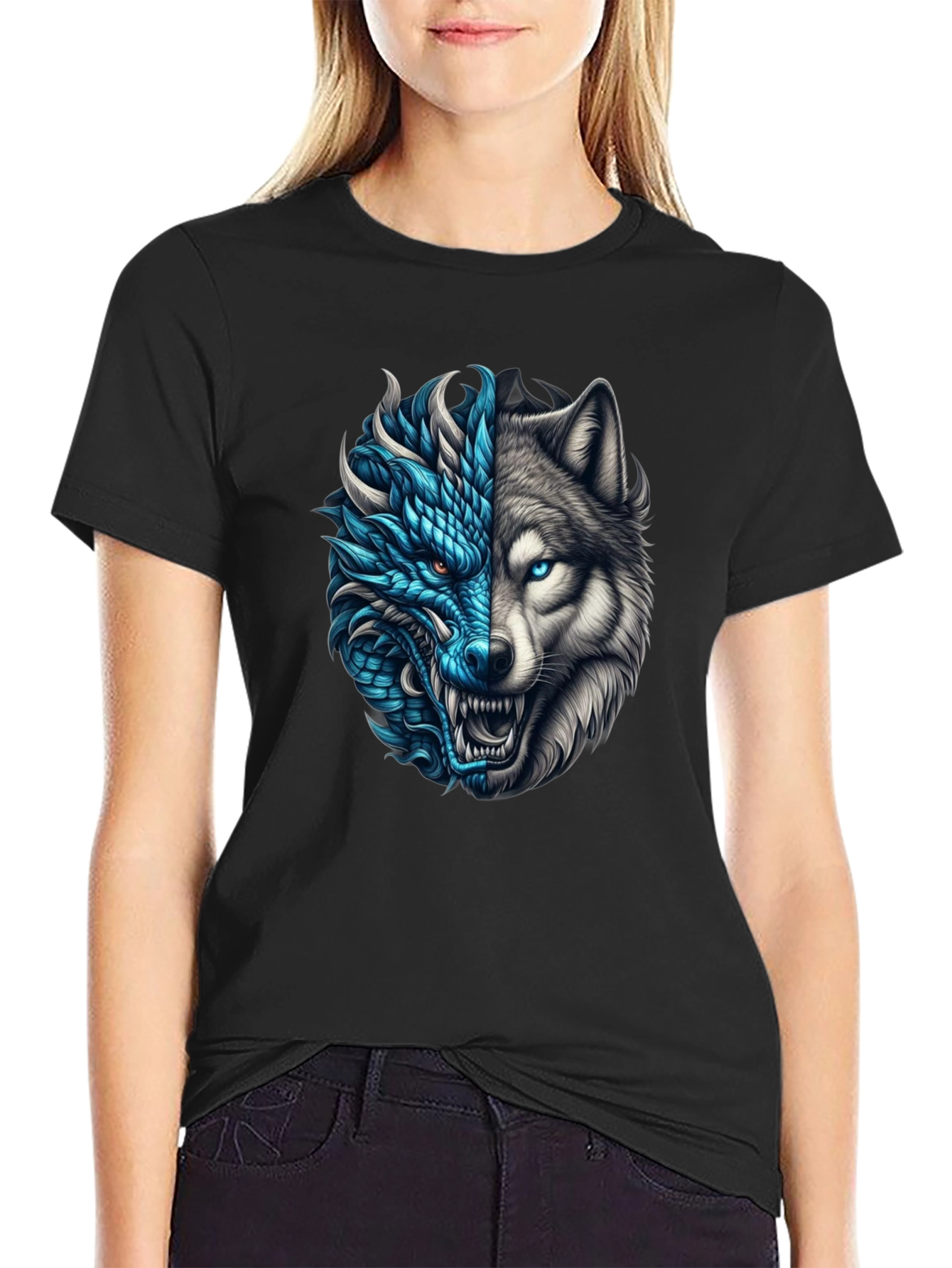 Dragon Wolf Graphic Tee - Black T-Shirt