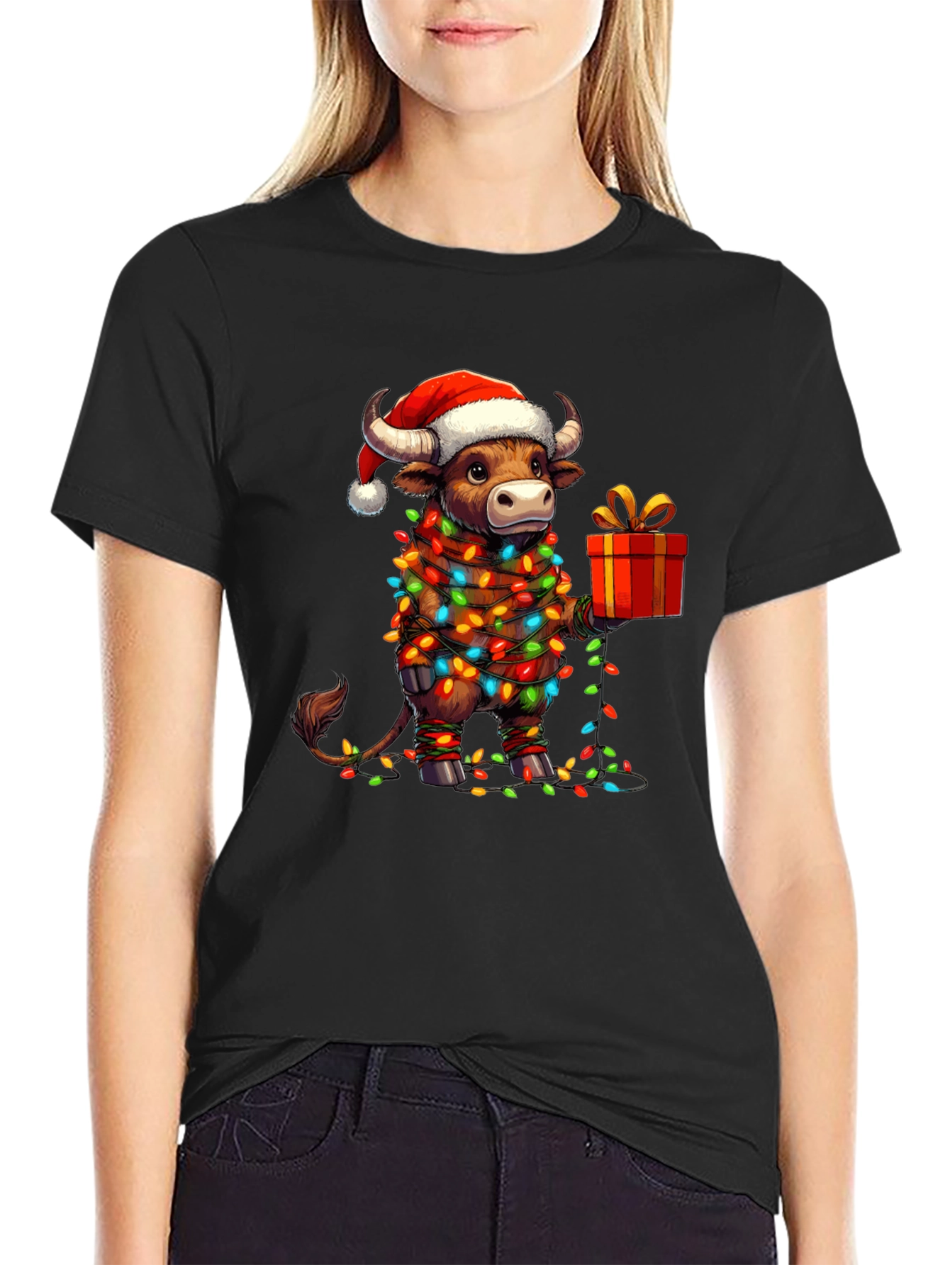 Festive Bull Christmas Lights Graphic Tee