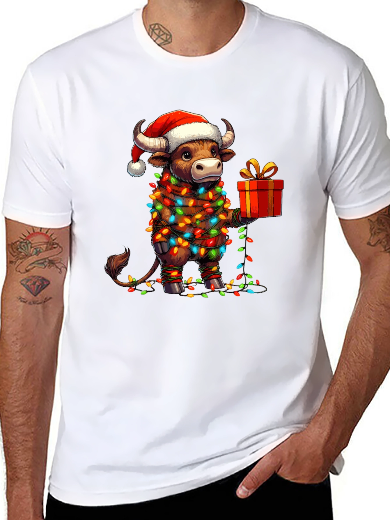 Festive Bull Christmas Lights Graphic Tee