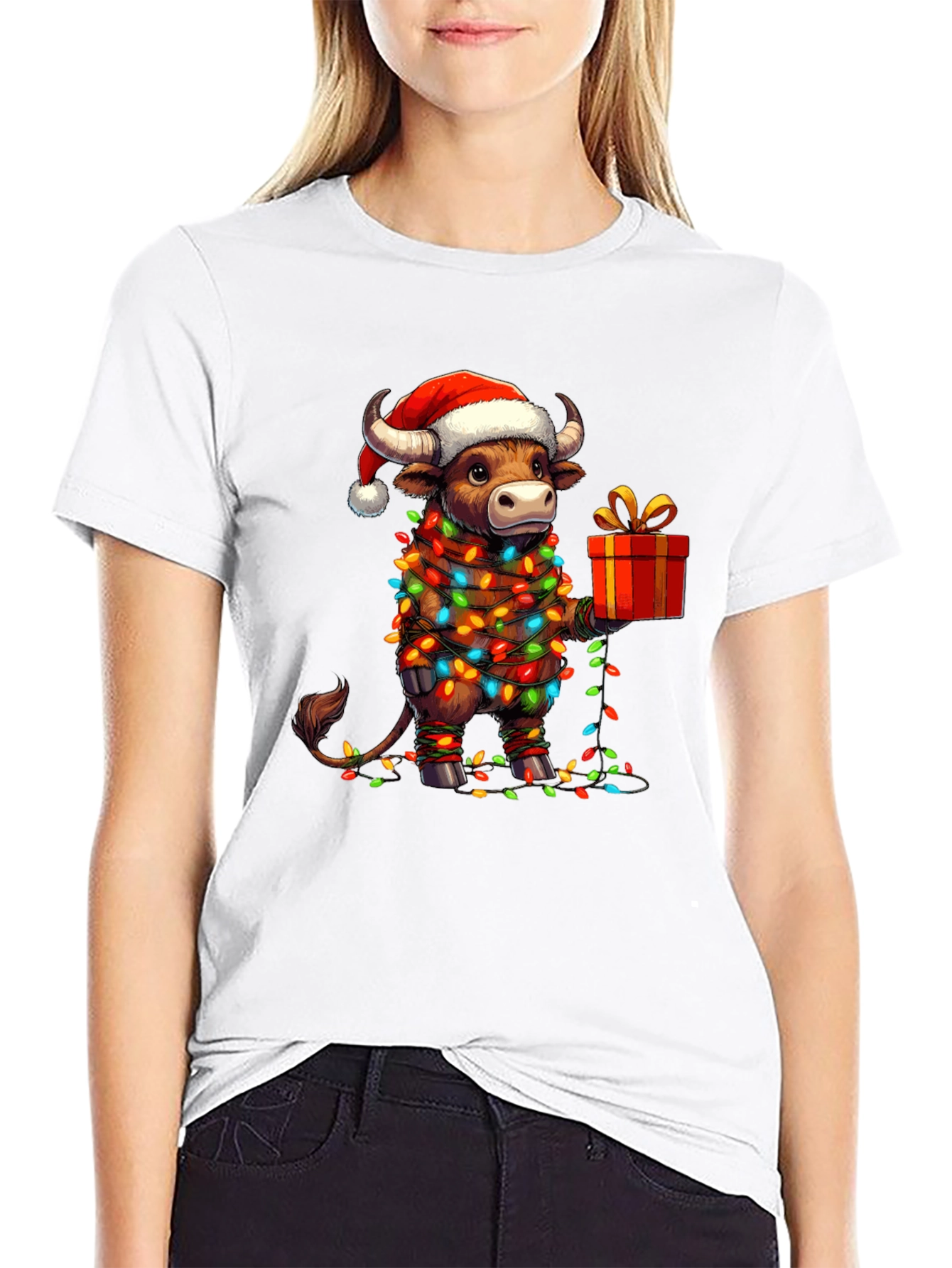 Festive Bull Christmas Lights Graphic Tee