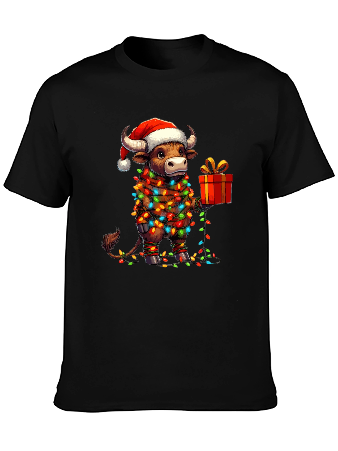 Festive Bull Christmas Lights Graphic Tee