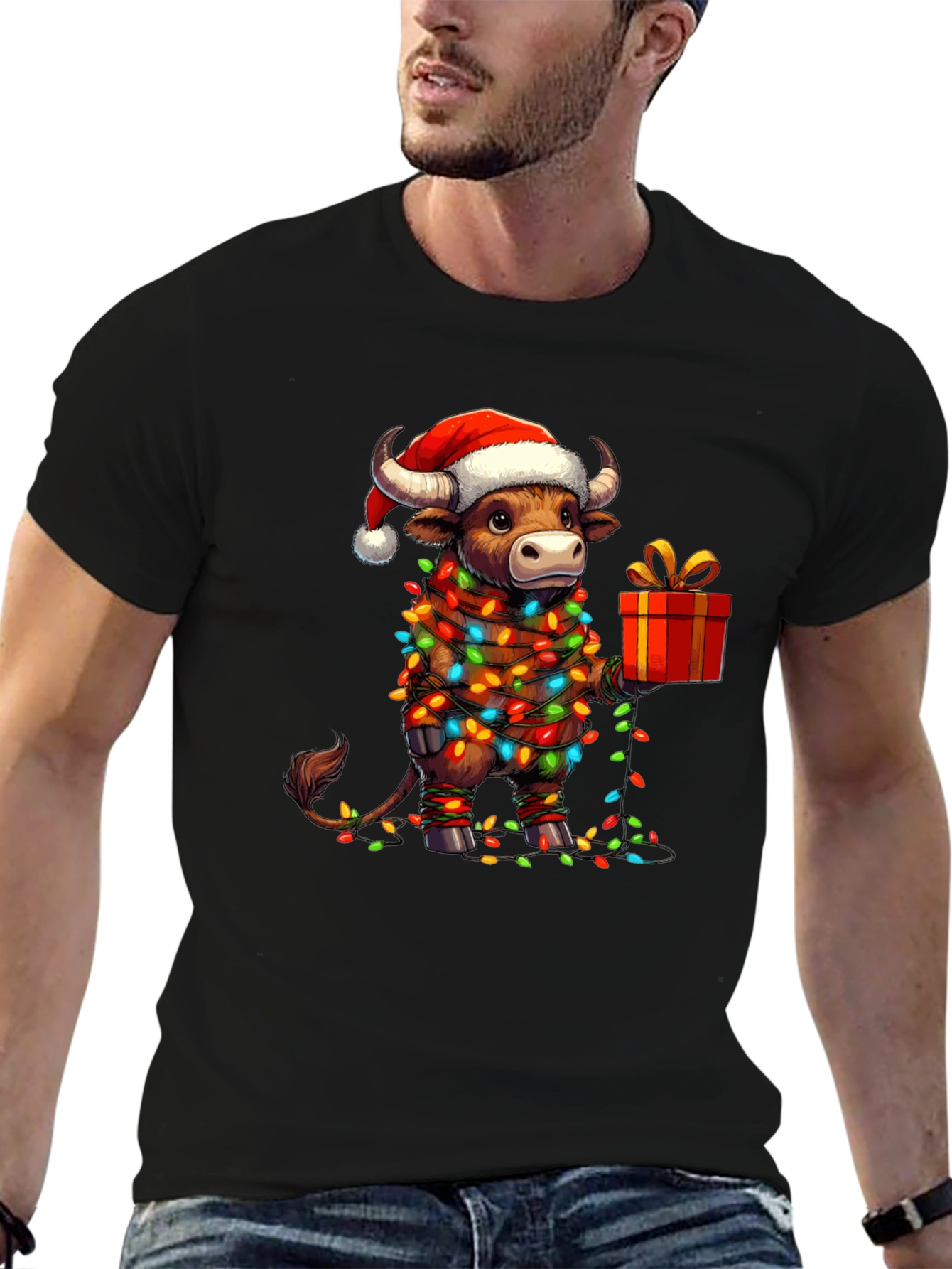 Festive Bull Christmas Lights Graphic Tee