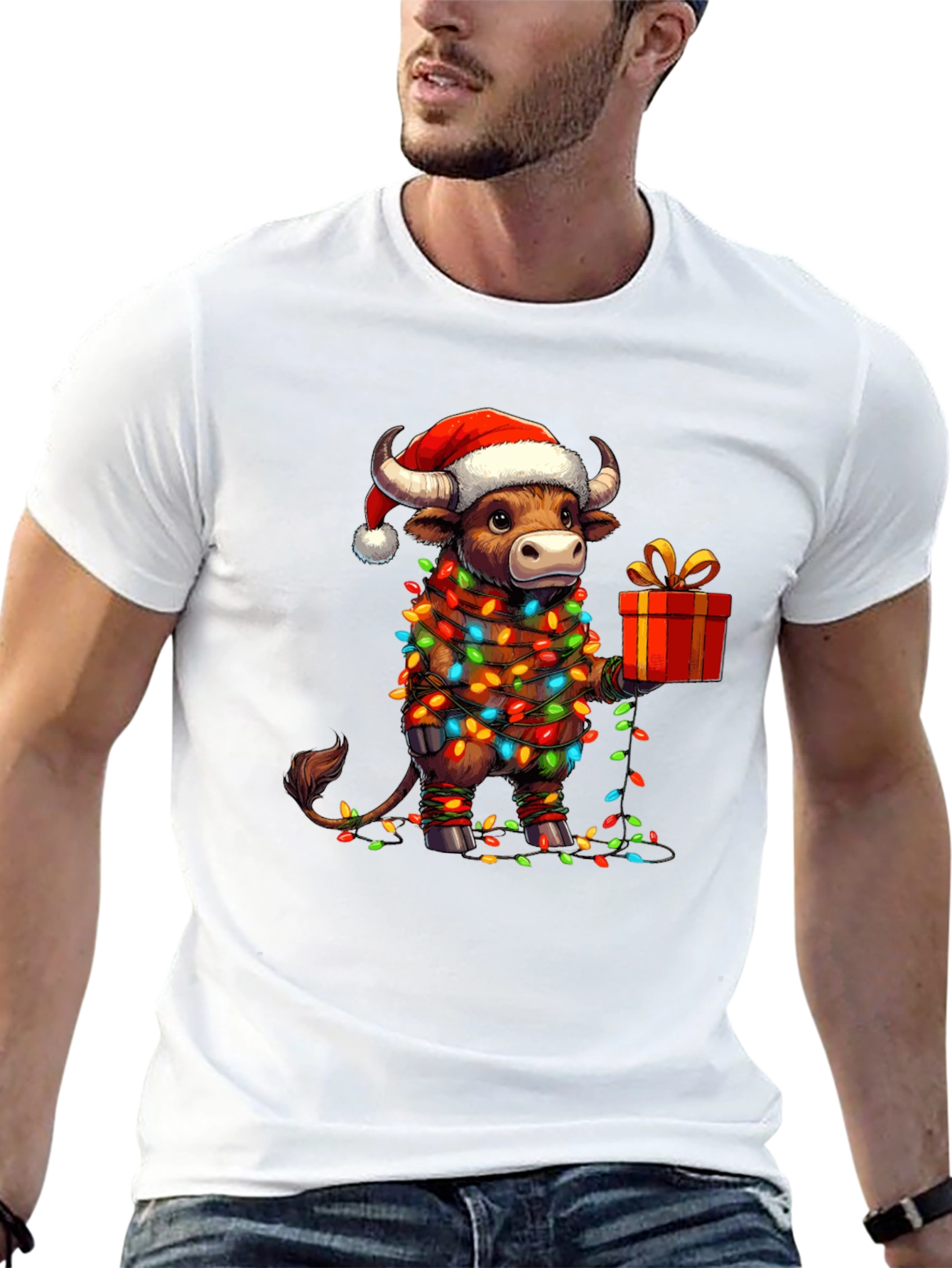 Festive Bull Christmas Lights Graphic Tee