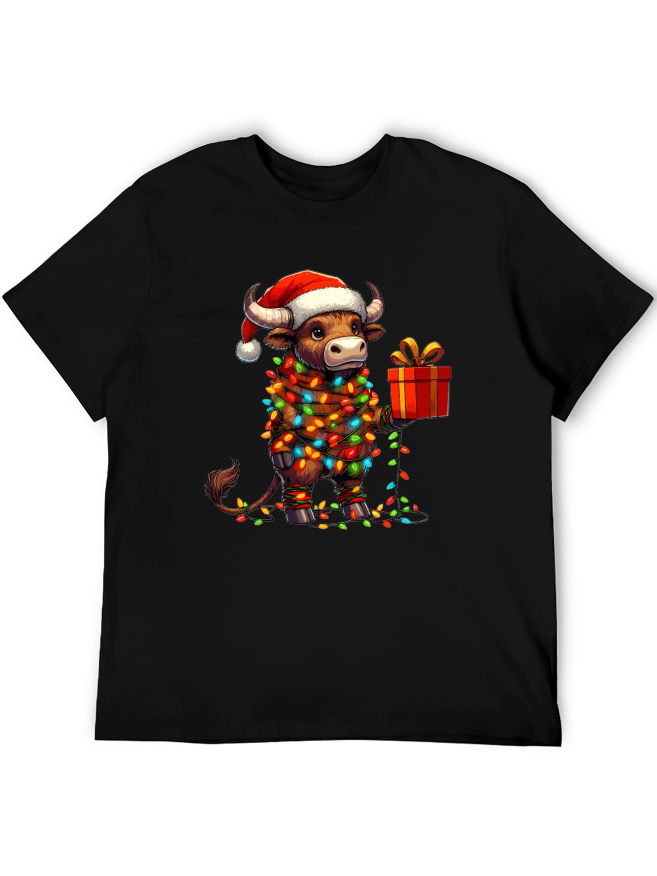 Festive Bull Christmas Lights Graphic Tee