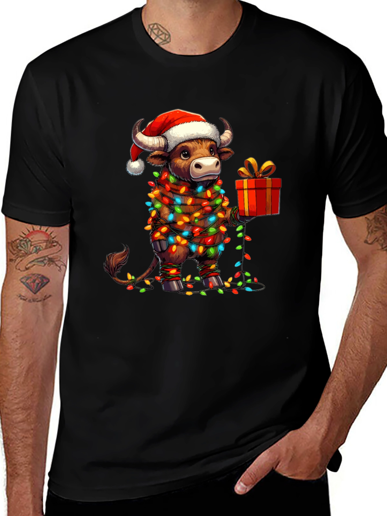 Festive Bull Christmas Lights Graphic Tee