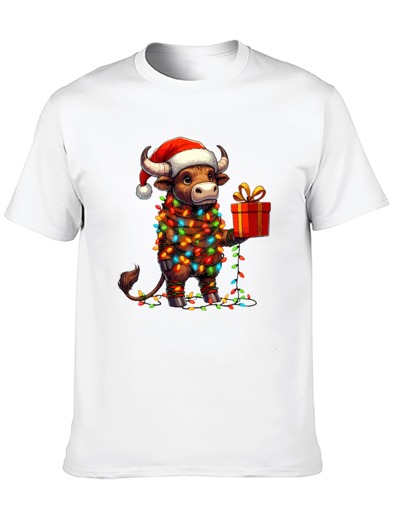 Festive Bull Christmas Lights Graphic Tee