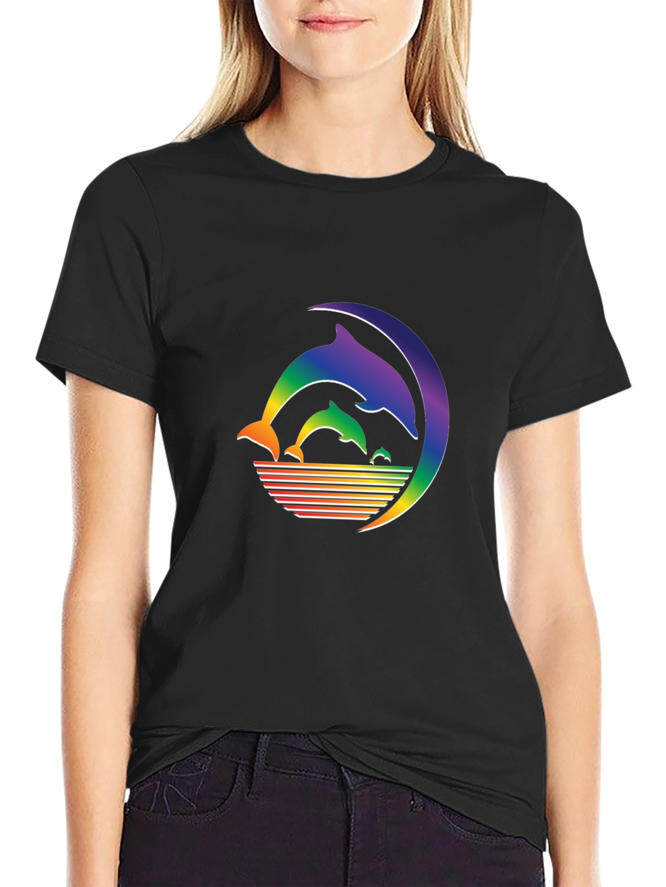 Rainbow Dolphin T-Shirt - Black Cotton Graphic Tee