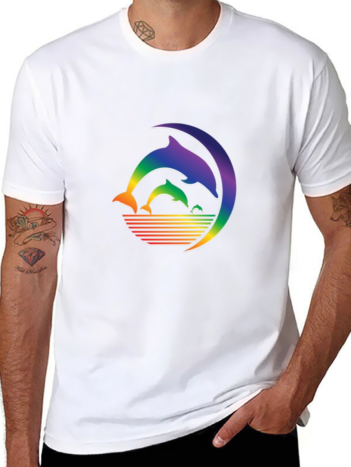 Rainbow Dolphin T-Shirt - Black Cotton Graphic Tee