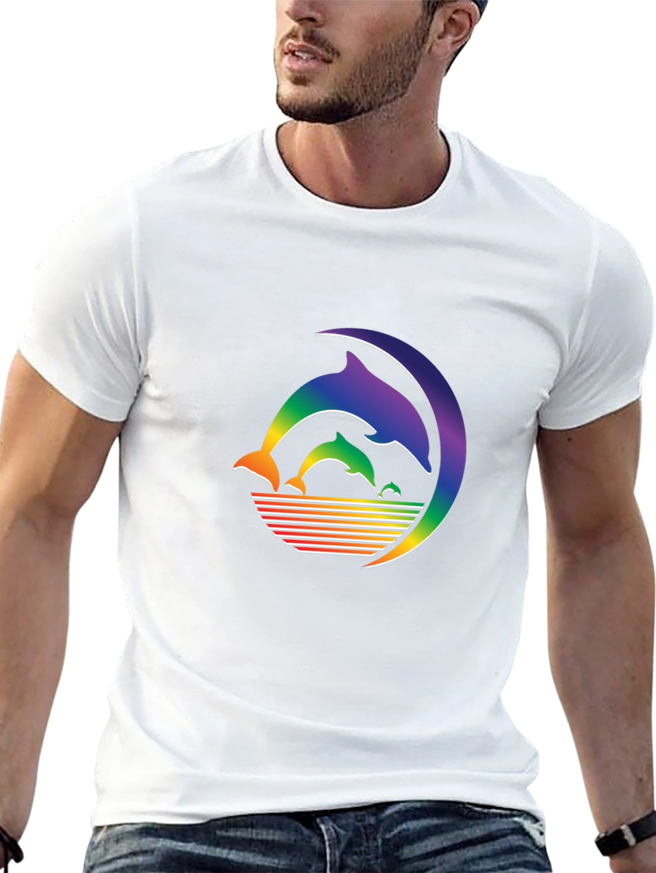 Rainbow Dolphin T-Shirt - Black Cotton Graphic Tee