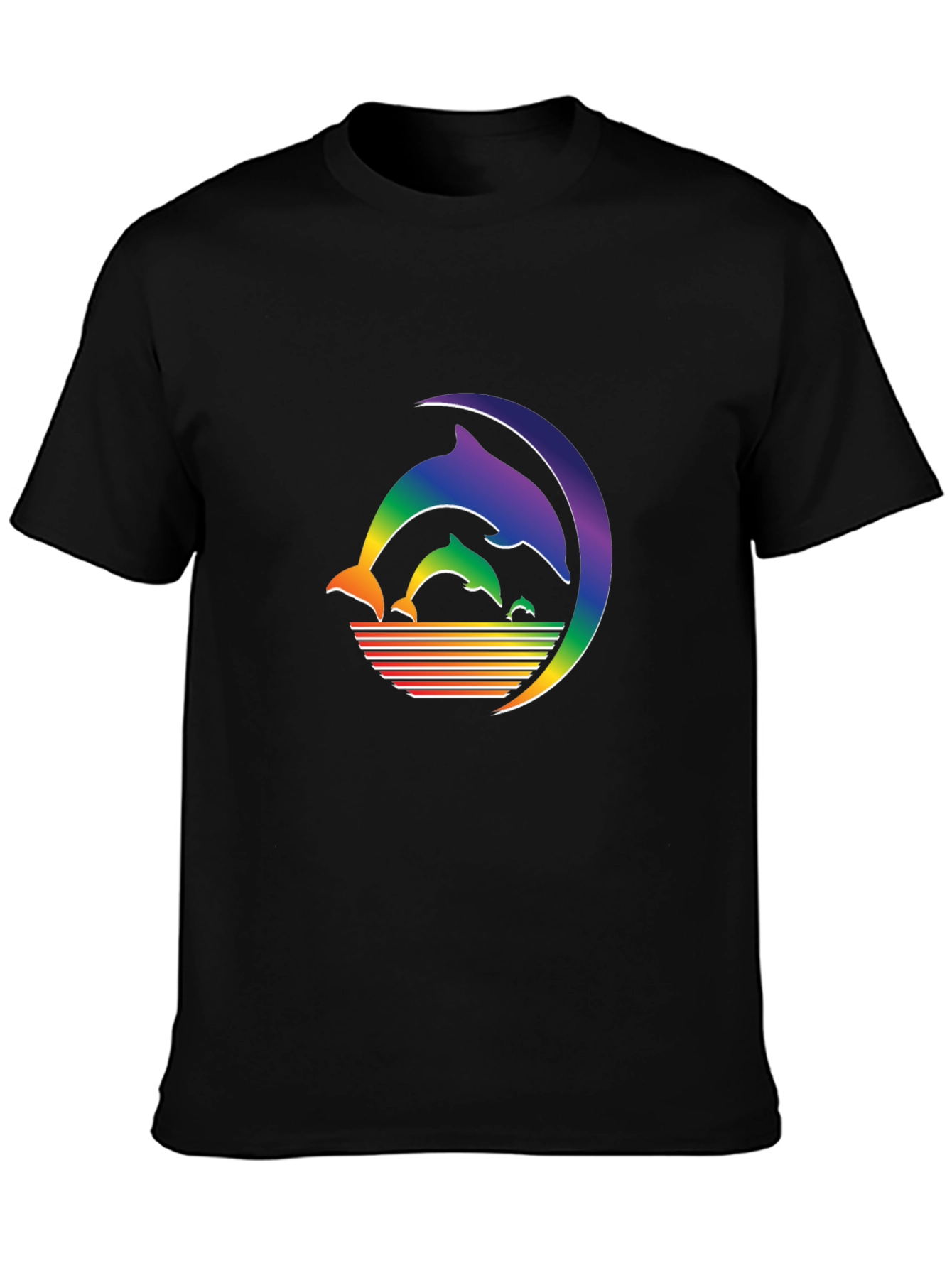 Rainbow Dolphin T-Shirt - Black Cotton Graphic Tee