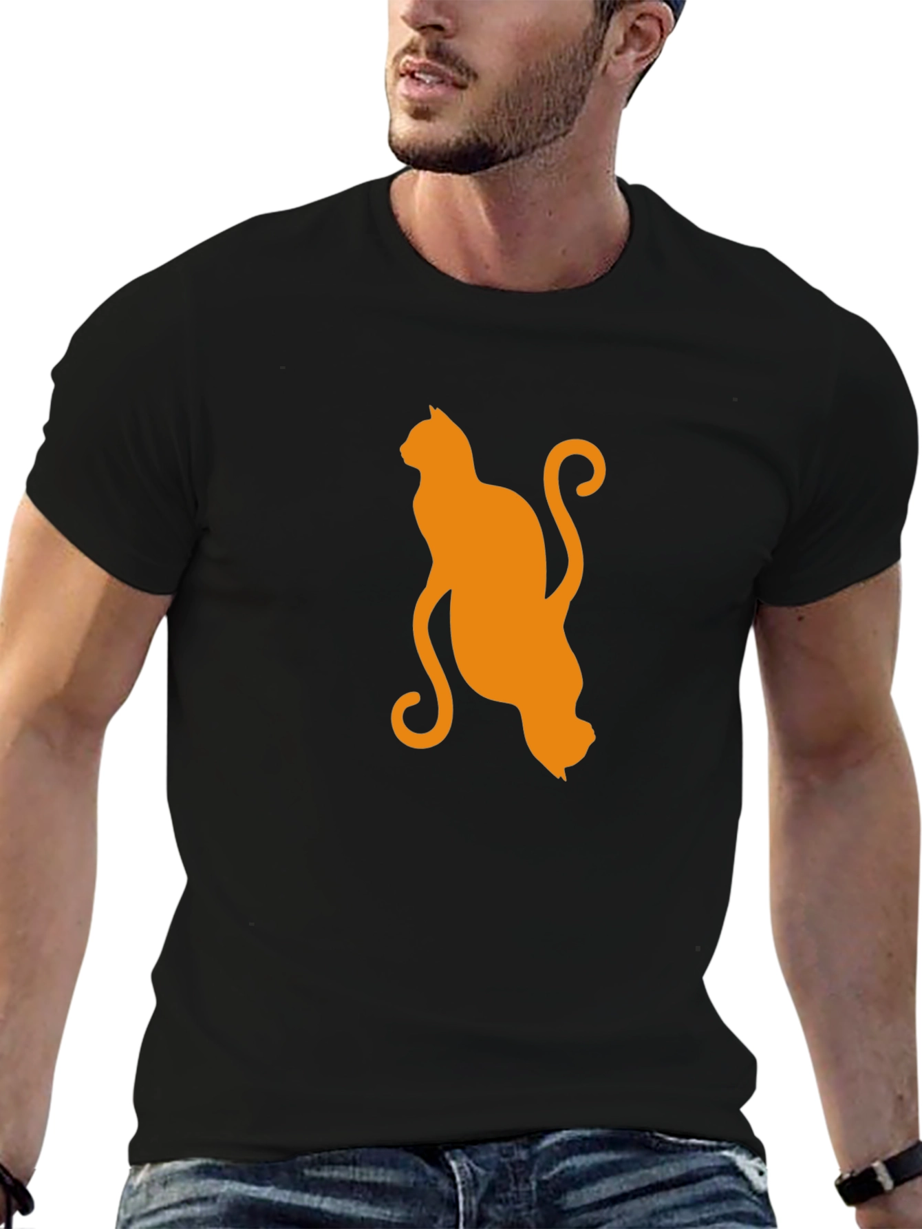 Orange Cat Silhouette Black T-Shirt
