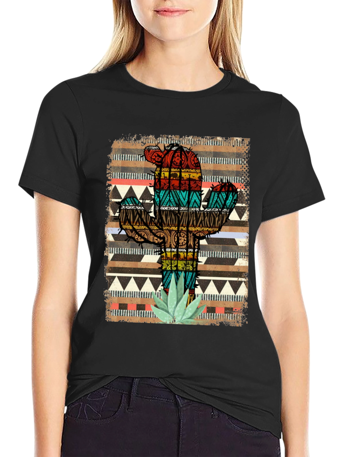Cactus Pattern Mens Black T-Shirt