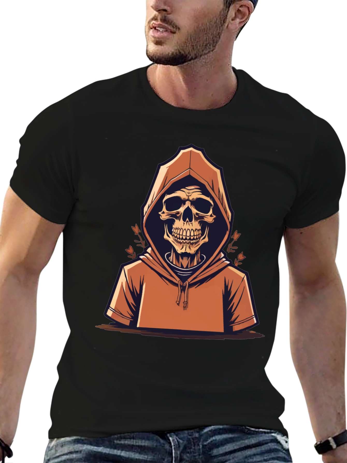 Skull in Hoodie Graphic Tee - Mens Black T-Shirt