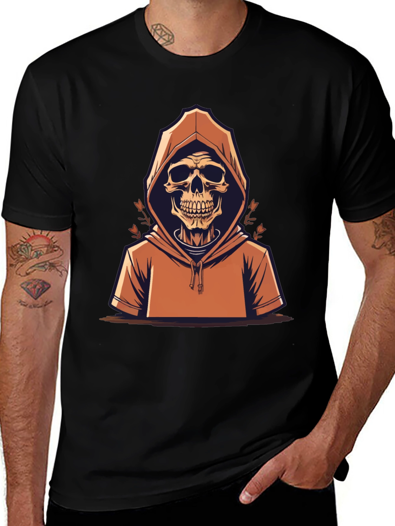 Skull in Hoodie Graphic Tee - Mens Black T-Shirt