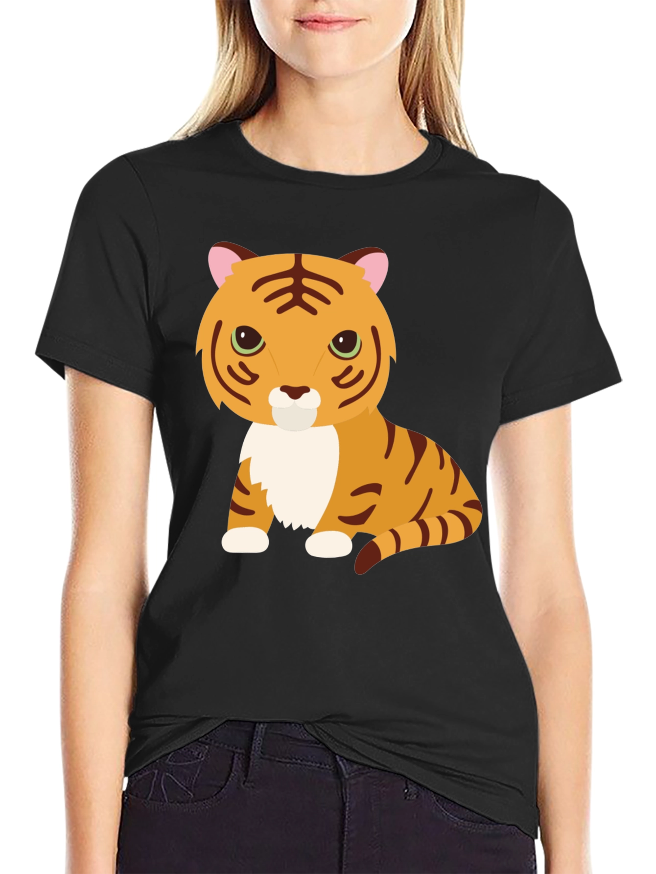 Cute Cartoon Tiger Graphic Tee - Black