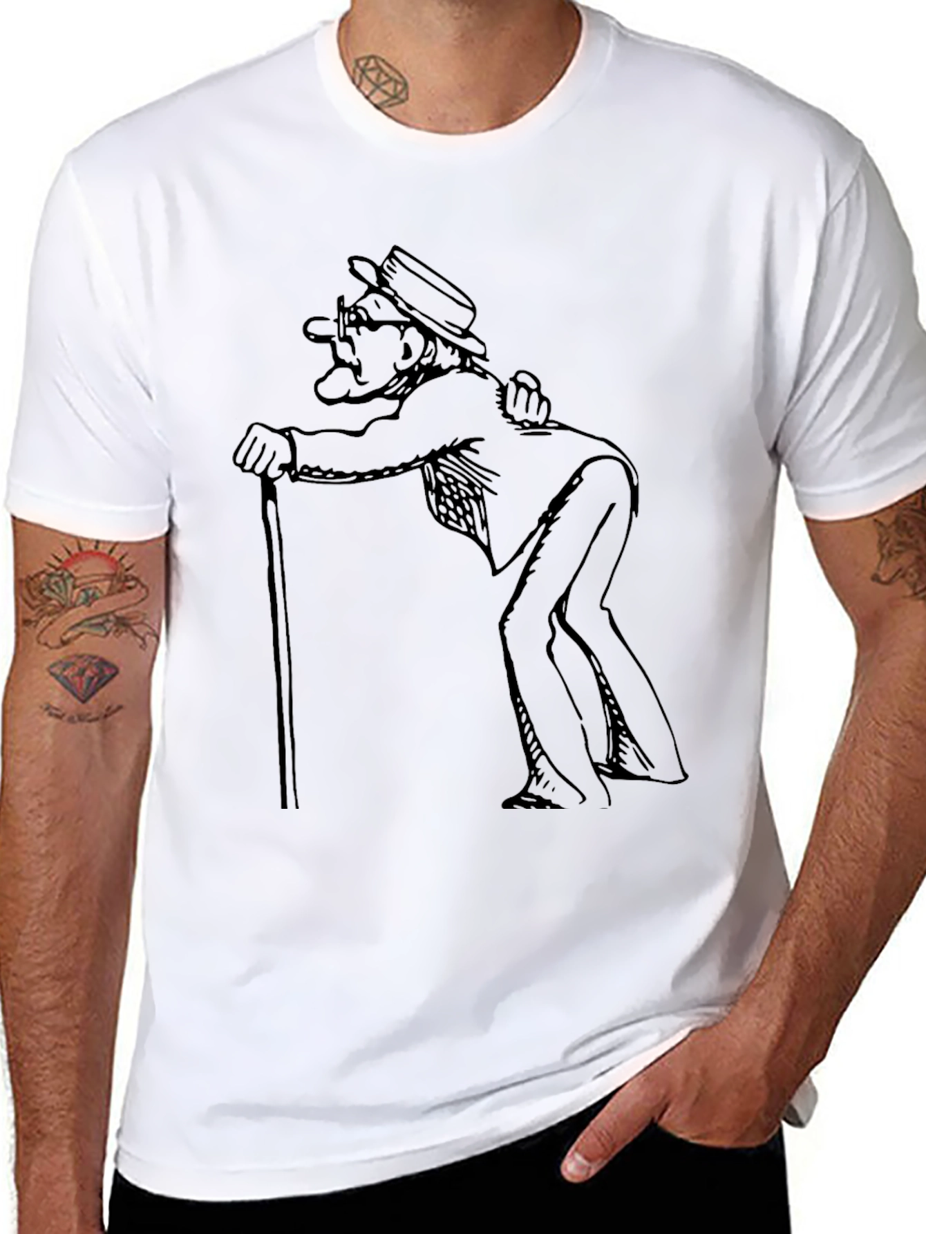 Black T-Shirt - Cartoon Old Man Cane