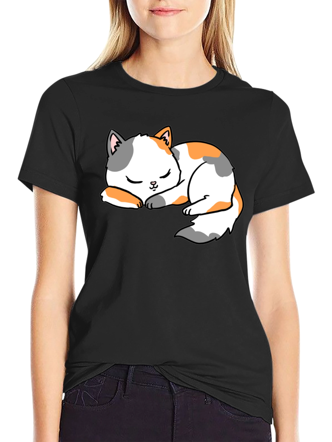 Cute Sleeping Cat Black T-Shirt