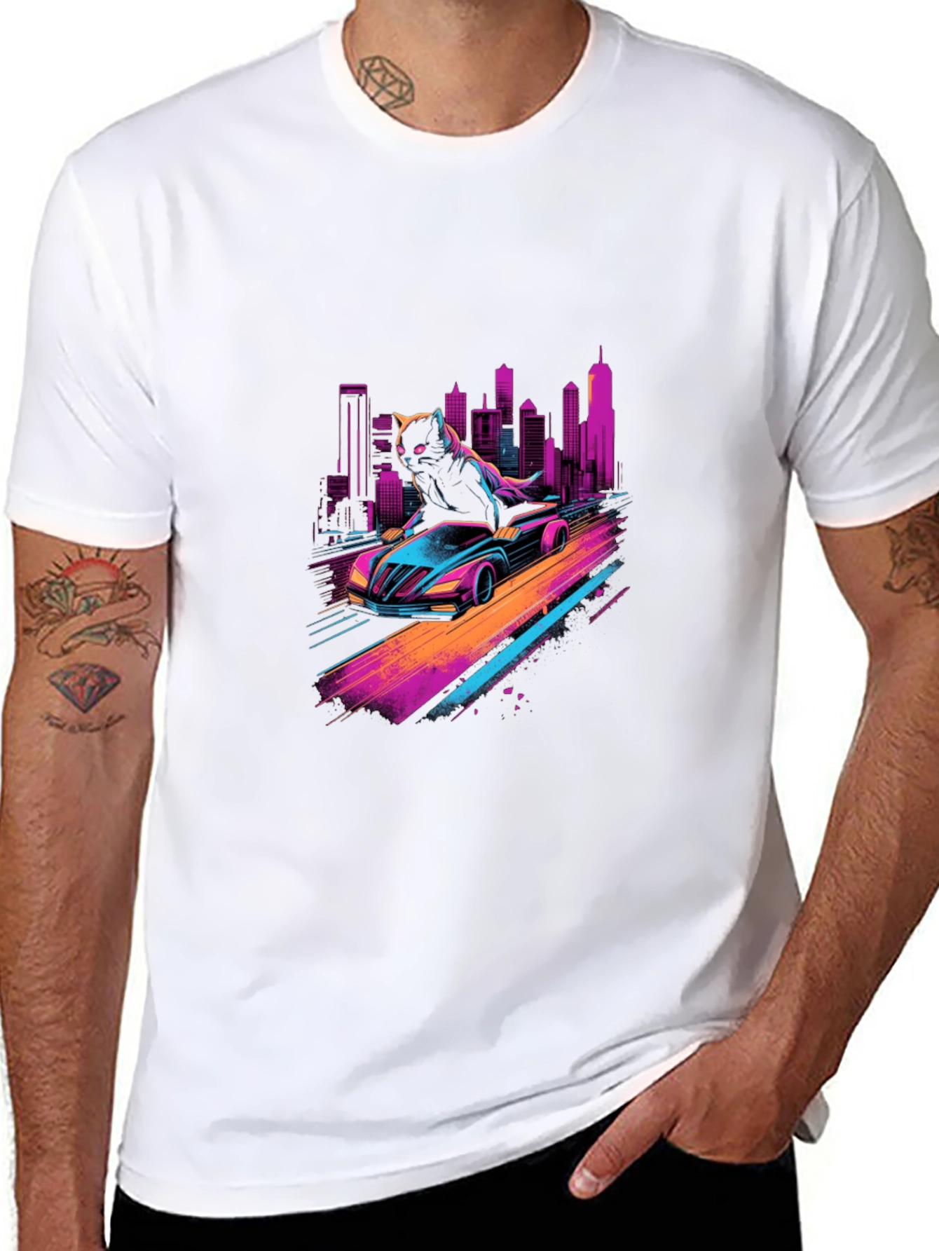 Cyber Cat Racing T-Shirt - Retro Wave Style