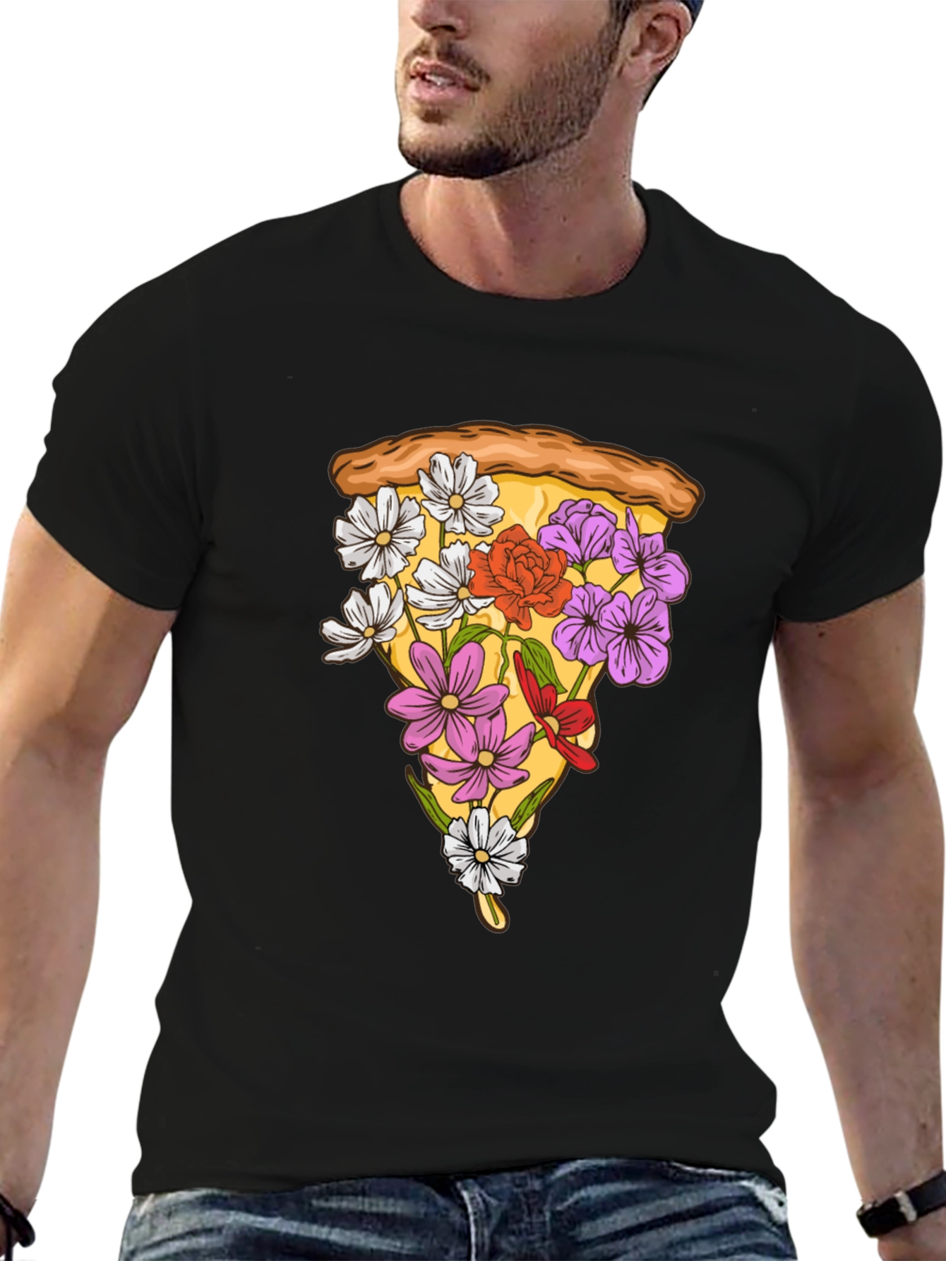 Floral Pizza Slice Graphic Tee - Black